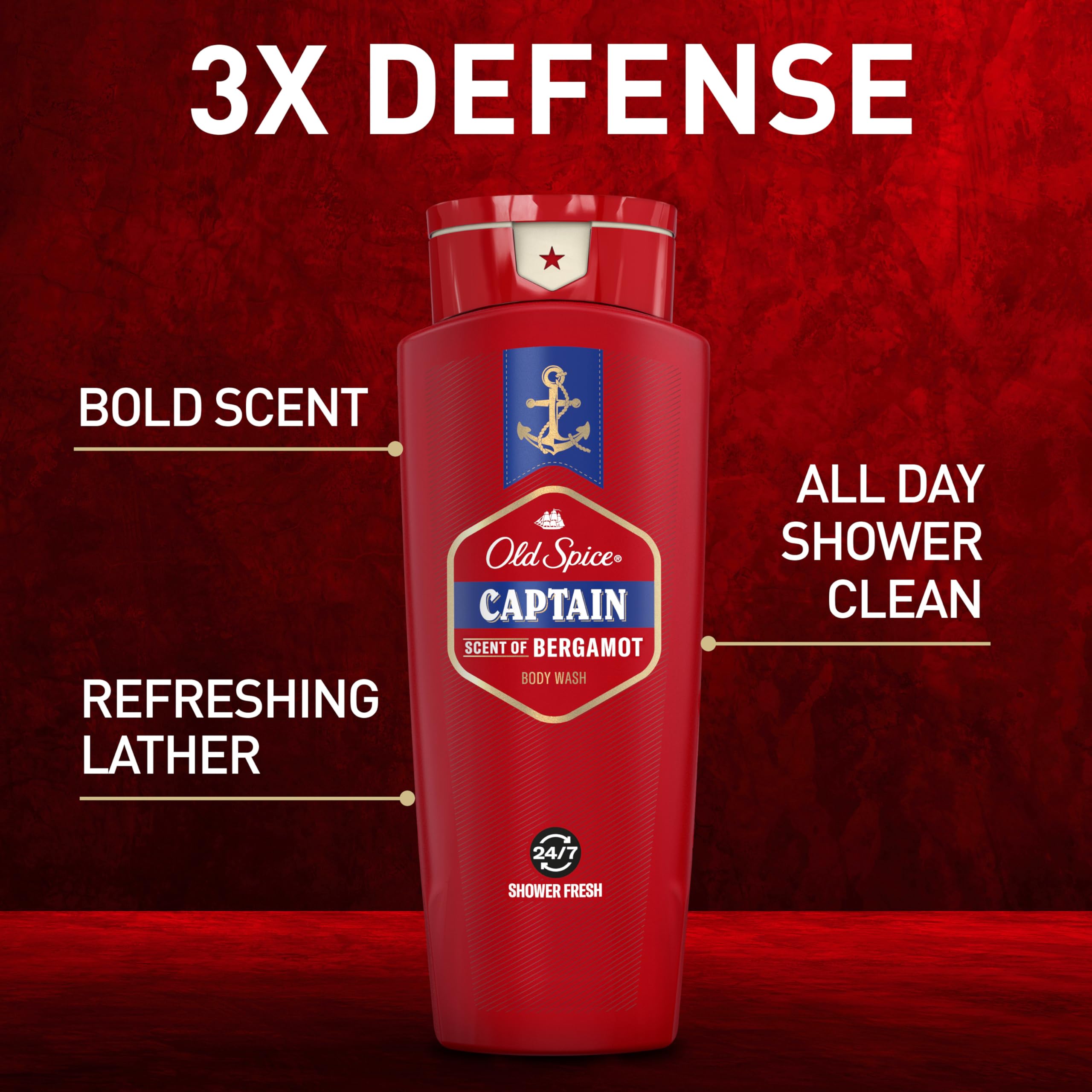 Old Spice Refreshing Body Wash for Men, 3X Defense, 24/7 Shower Fresh with Long Lasting Scent, Red Collection, Captain with Berg