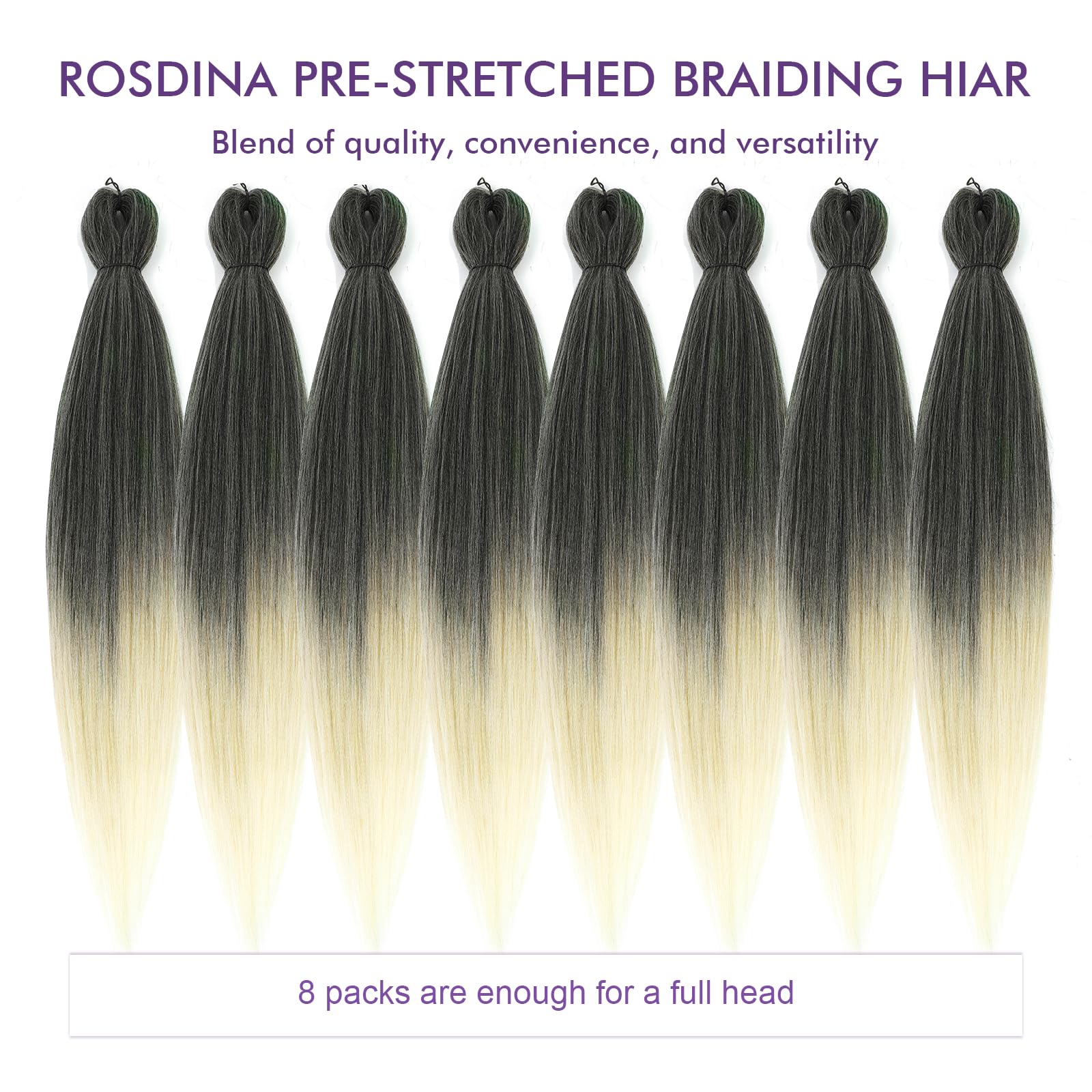 Rosdina Pre-Stretched Braiding Hair - 28 Inch 8 Packs Ombre 613 Super Long Braiding Hair For Twist Or Box Braids, Yaki Texture H