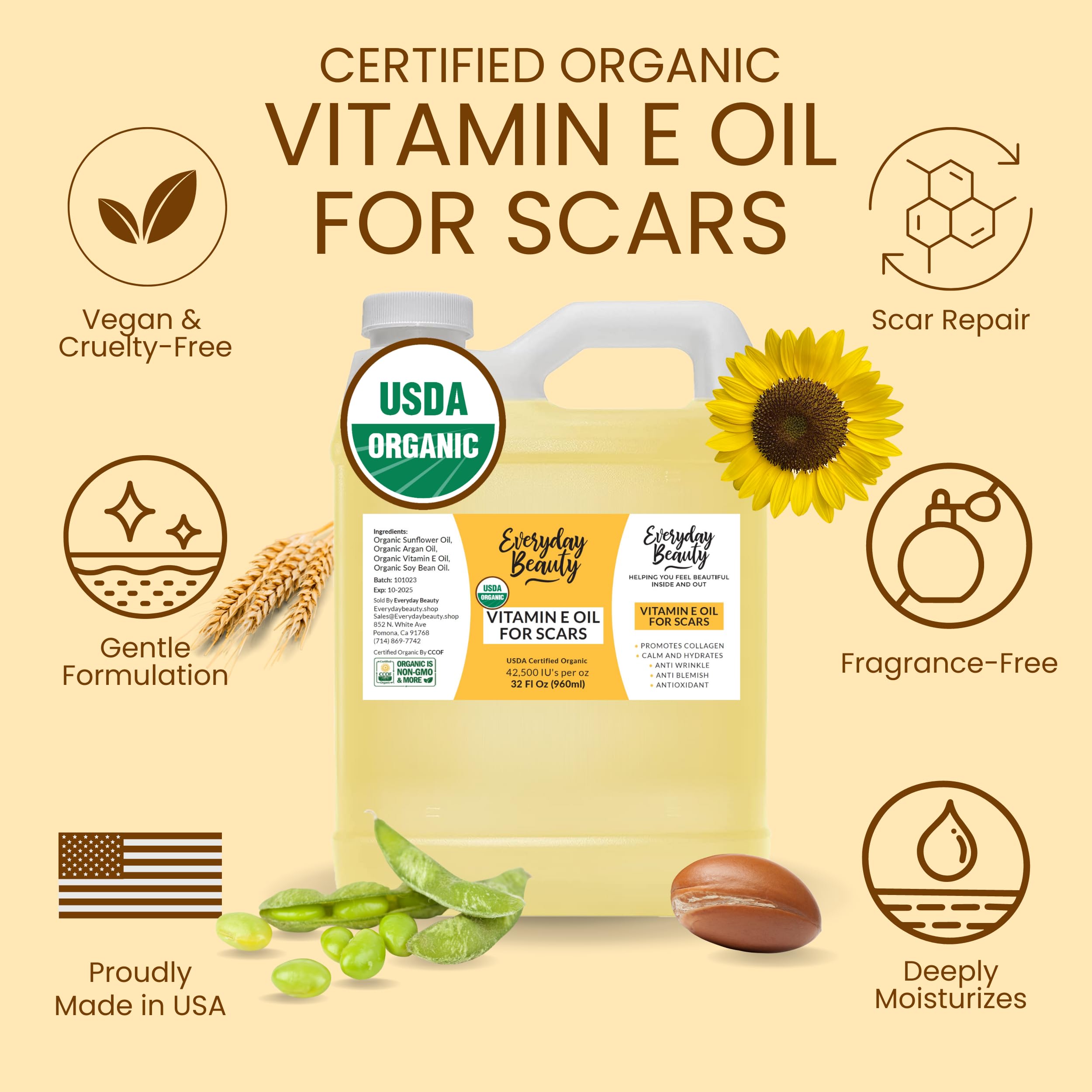 Organic Vitamin E Oil Bulk - 32Oz Usda Certified 100% All Natural Plant Based - Light And Unscented Great For Scars After Surger