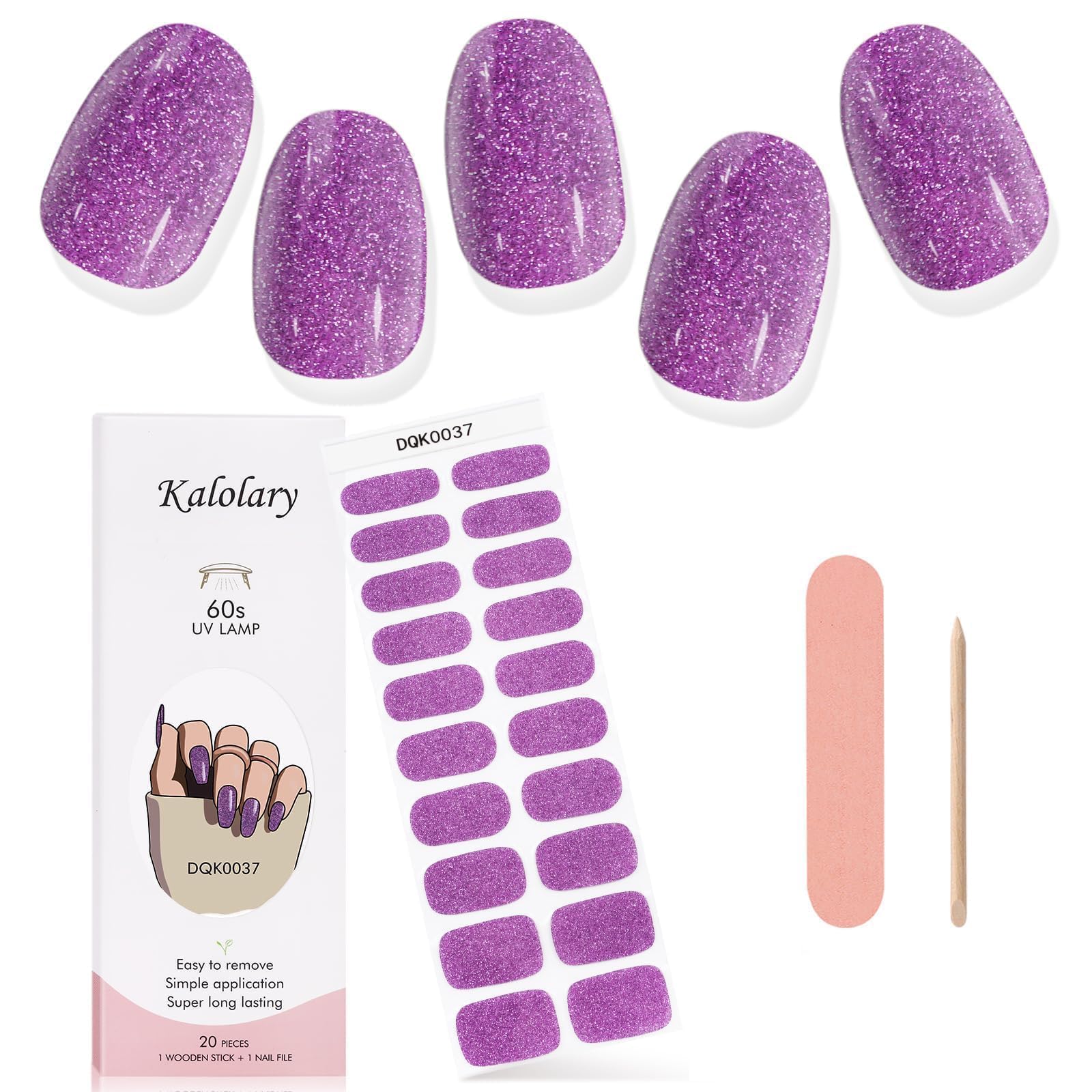 Kalolary Purple Gel Nail Polish Strips, Glitter Nail Gel Art Sticker Waterproof Full Nail Wraps Decal Kits For Diy Summer Nail A