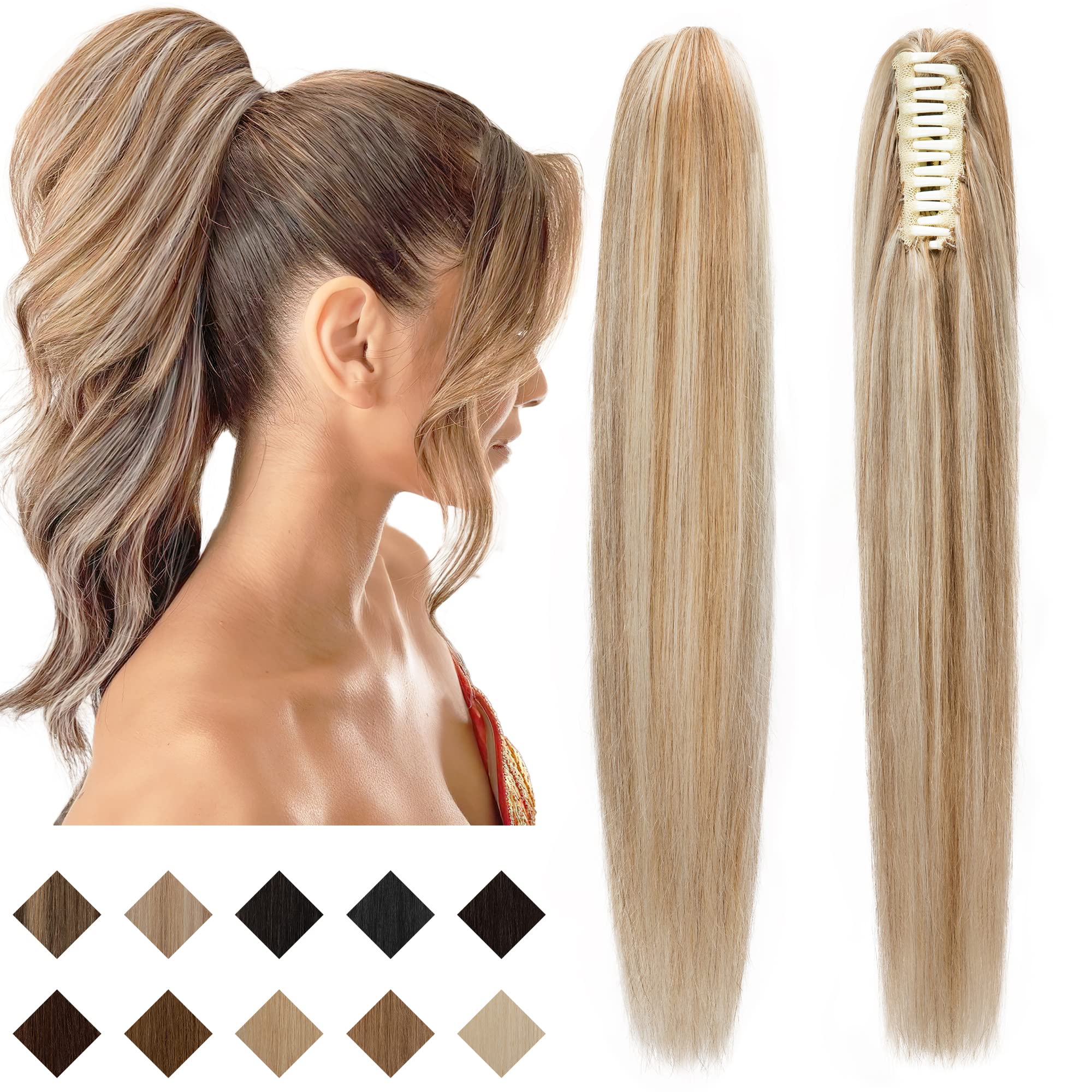 SEGO Claw Clip Ponytail Extension Human Hair Clip in Real Pony Tails Long Straight For Women 22 Inch Golden Brown&Bleach Blonde 