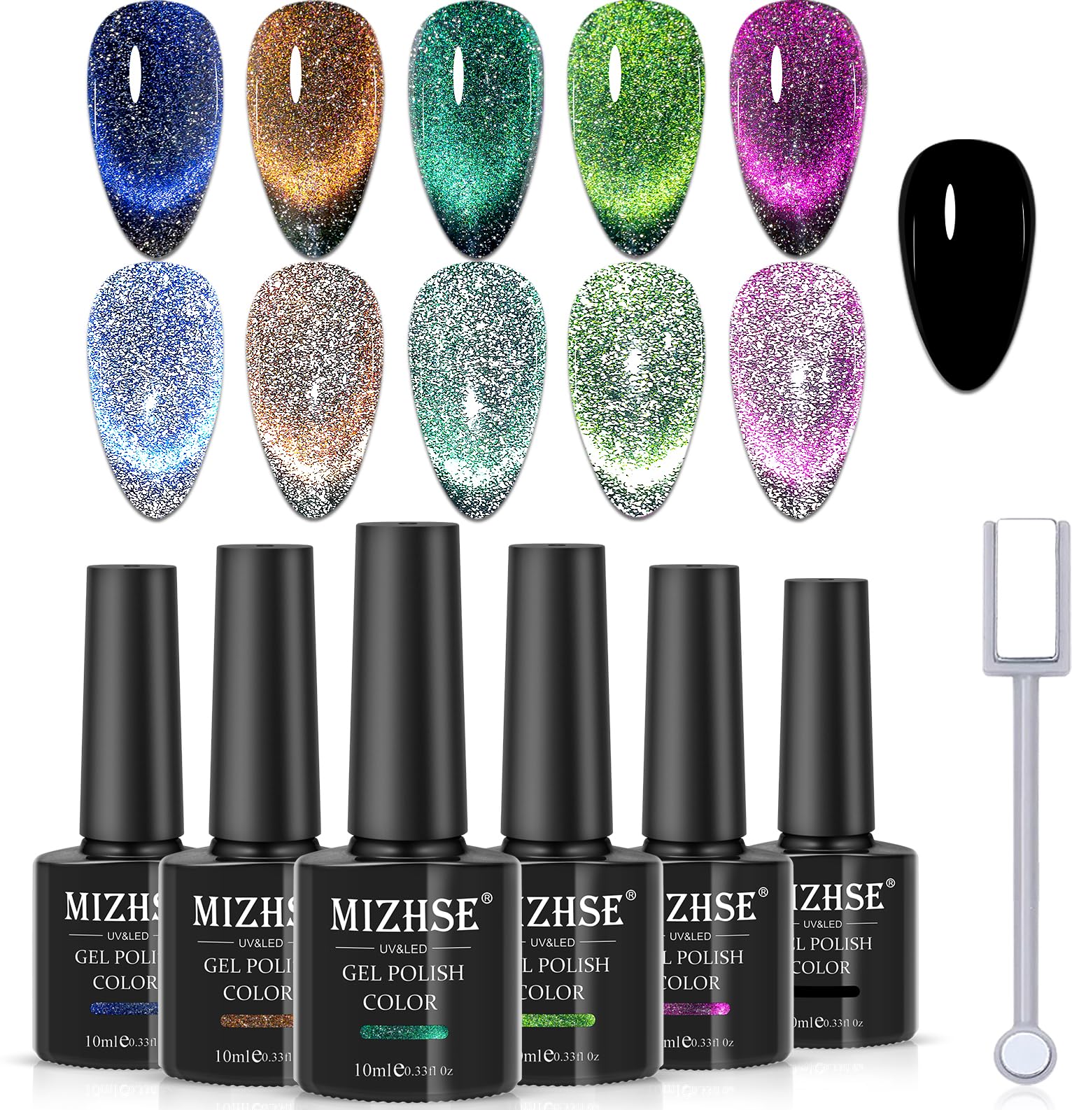 Mizhse Reflective 9D Cat Eye Gel Nail Polish, Galaxy Holographic Magnetic Gel Polish Set With Chameleon Effect Soak Off Gel Nail