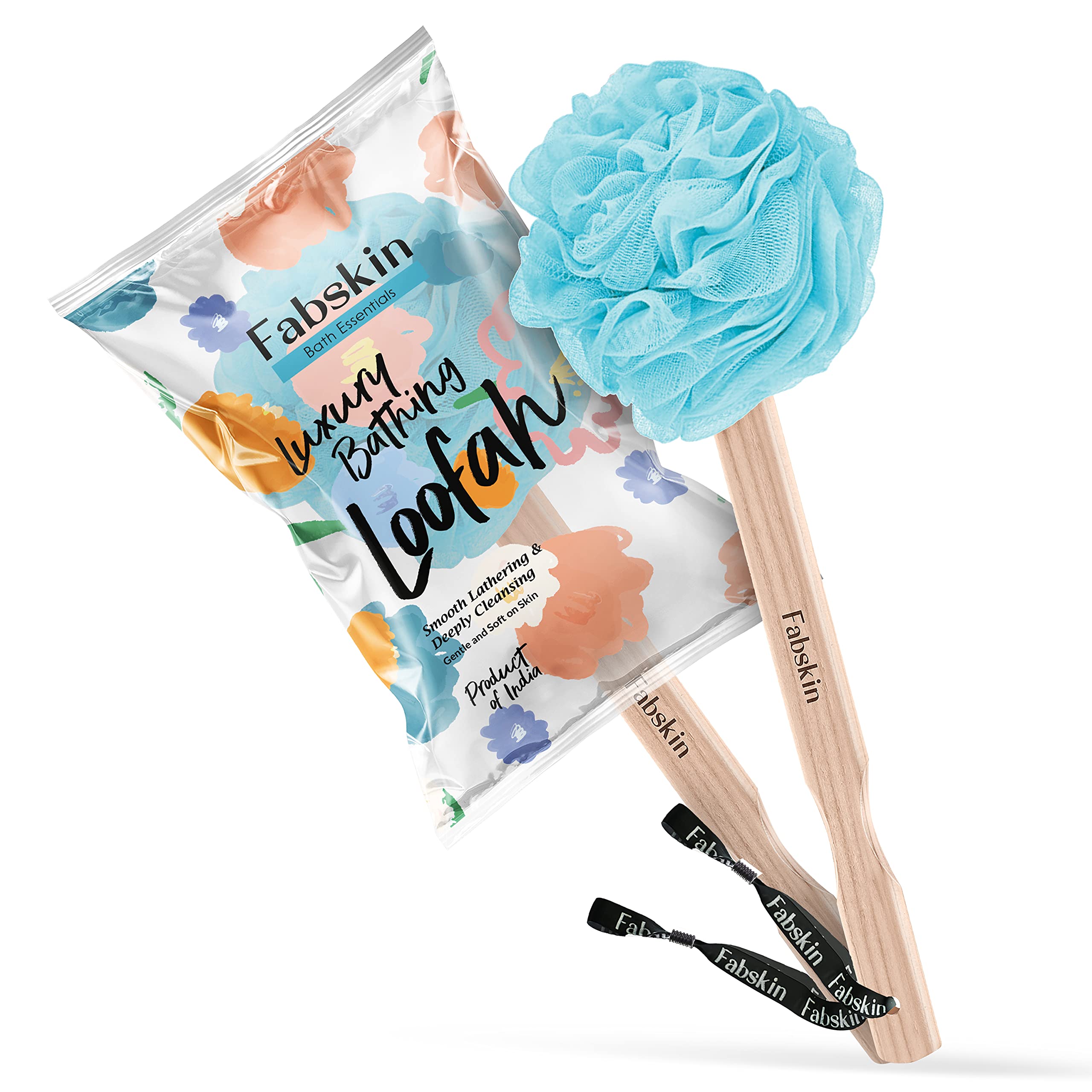 Fabskin Bath Brush Loofah With Wooden Handle | Blue | For Men and Women | Back Bath Scrubber | Loofah For Back Bathing | Made In