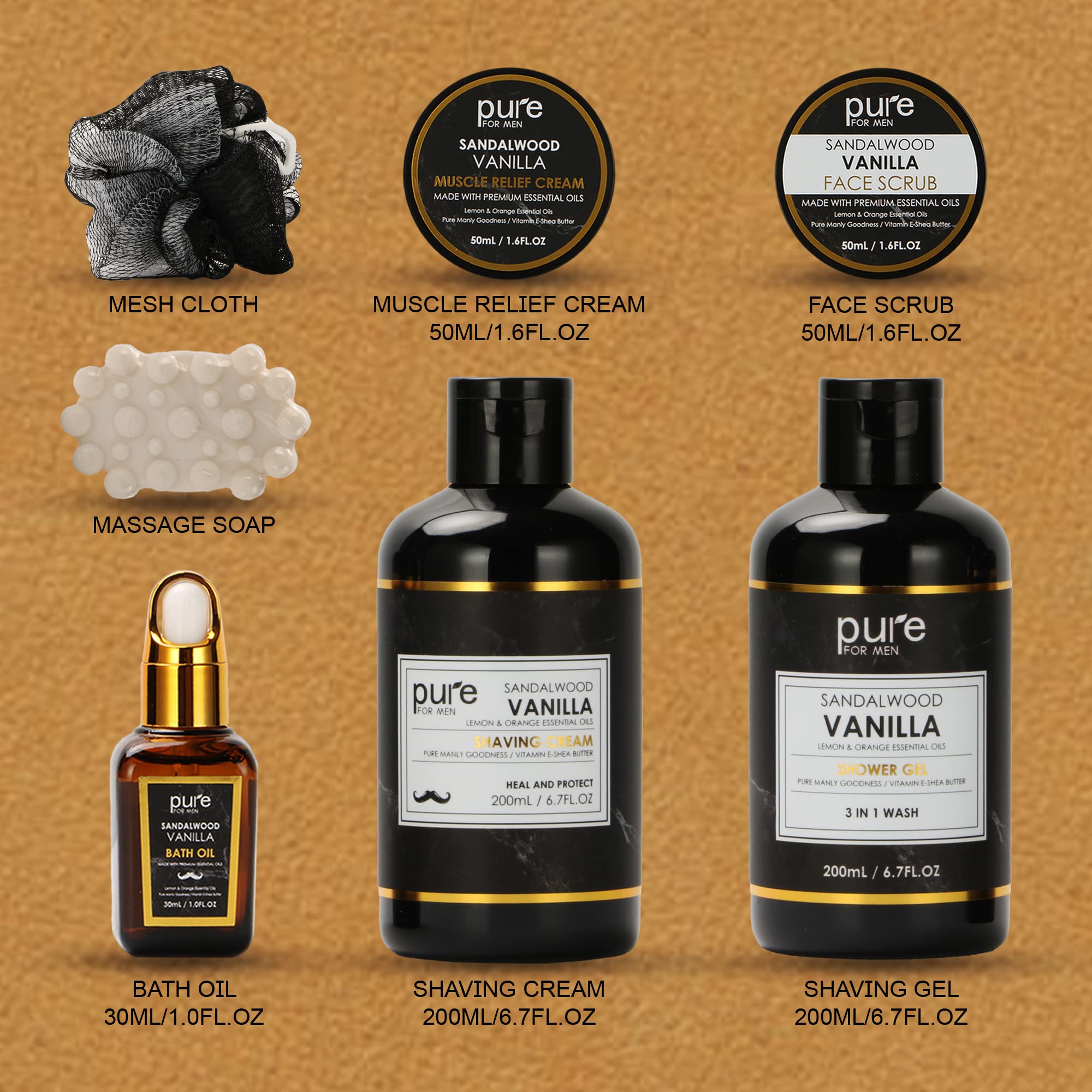 Pure Mens Bath And Body Gift Set. 7 Pc Natural Spa Gift Basket For Men. Spa Gift Set Is #1 Ideal Gift For Men That Care About Th