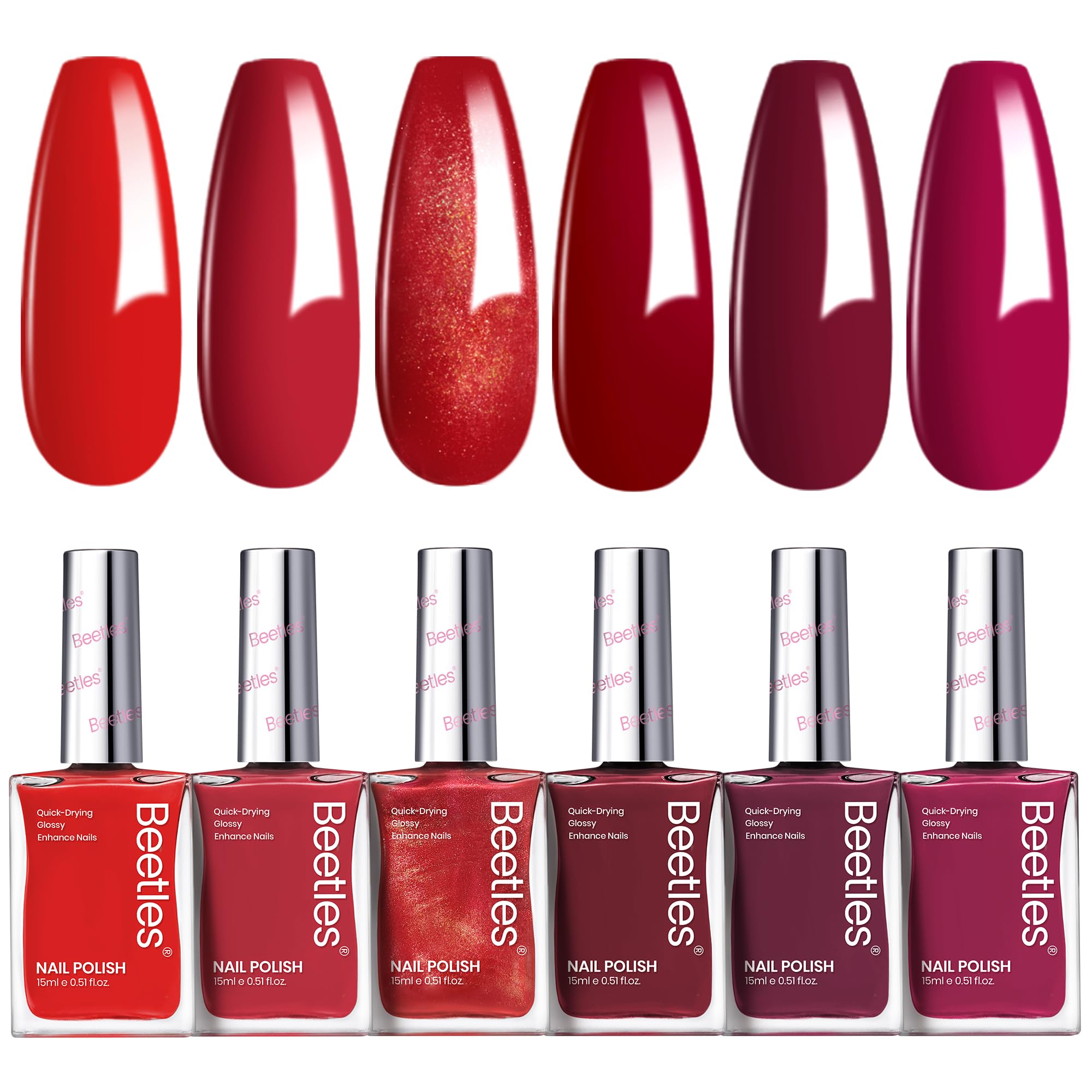 Beetles Red Nail Polish Set Blazing Rose, 6 Colors Dark Red Burgundy Nail Polish Glossy 15ml Enhance Nails Quick Dry Fingernail 