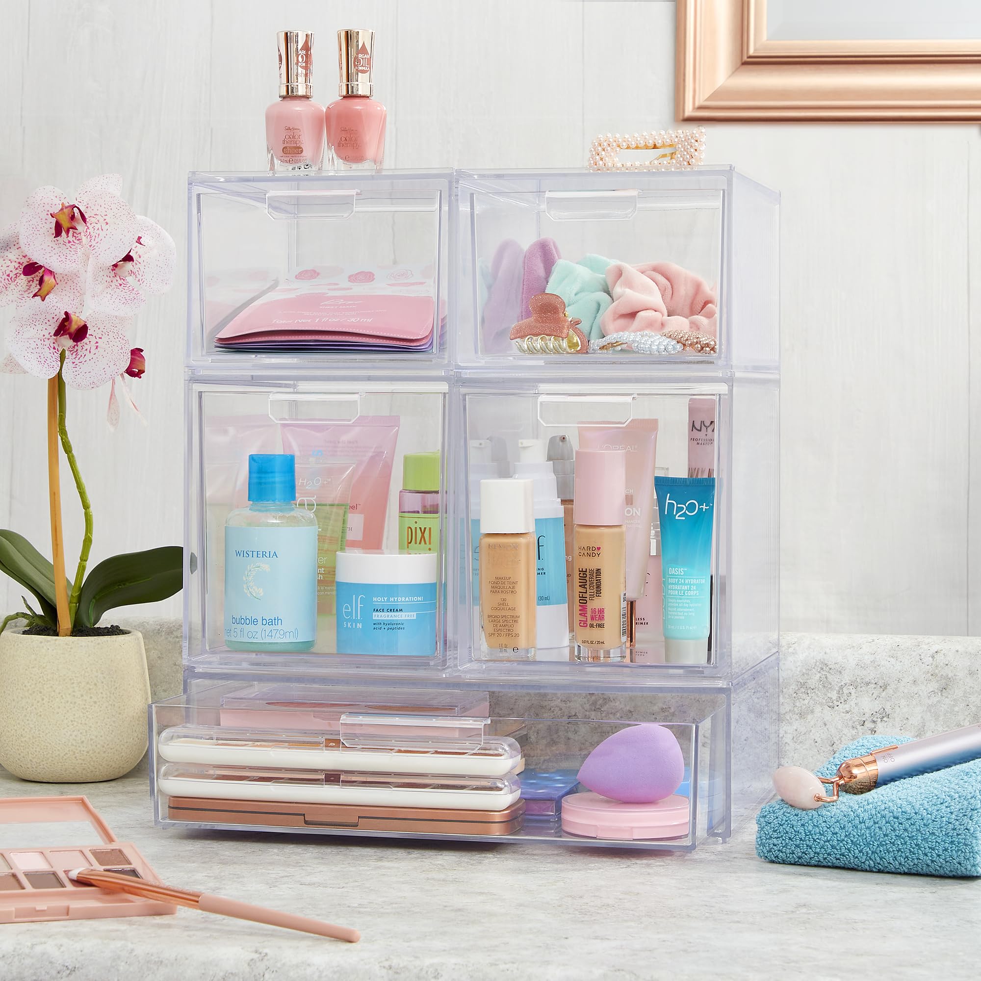 STORi Audrey Stackable Clear Bin Plastic Organizer Drawers  2 Piece Set  Organize Cosmetics and Beauty Supplies on a Vanity  Mad