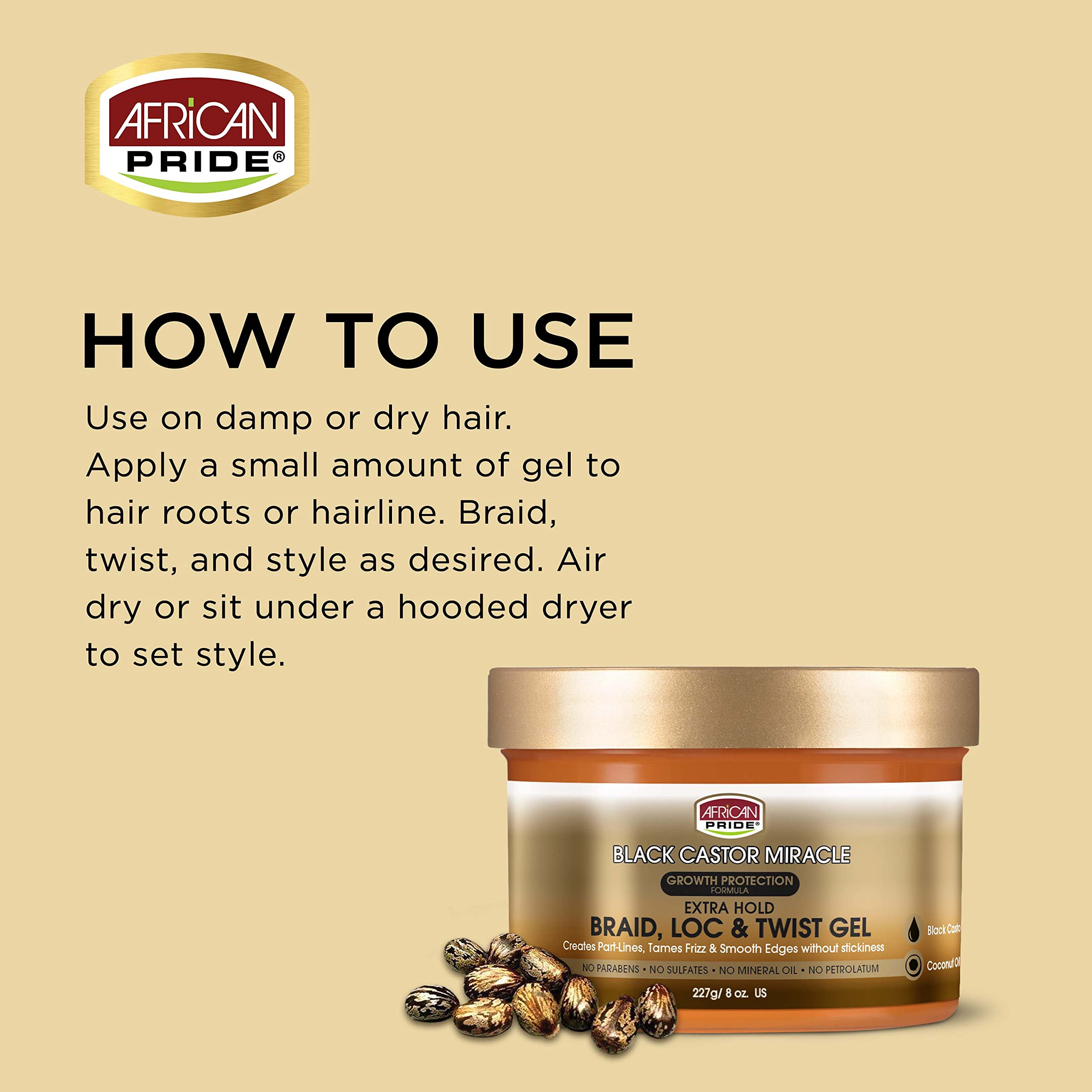 African Pride Black Castor Miracle Extra Hold Braid, Loc, Twist Gel - Tames Frizz & Edges, No Parabens, No Sulfates, No Mineral
