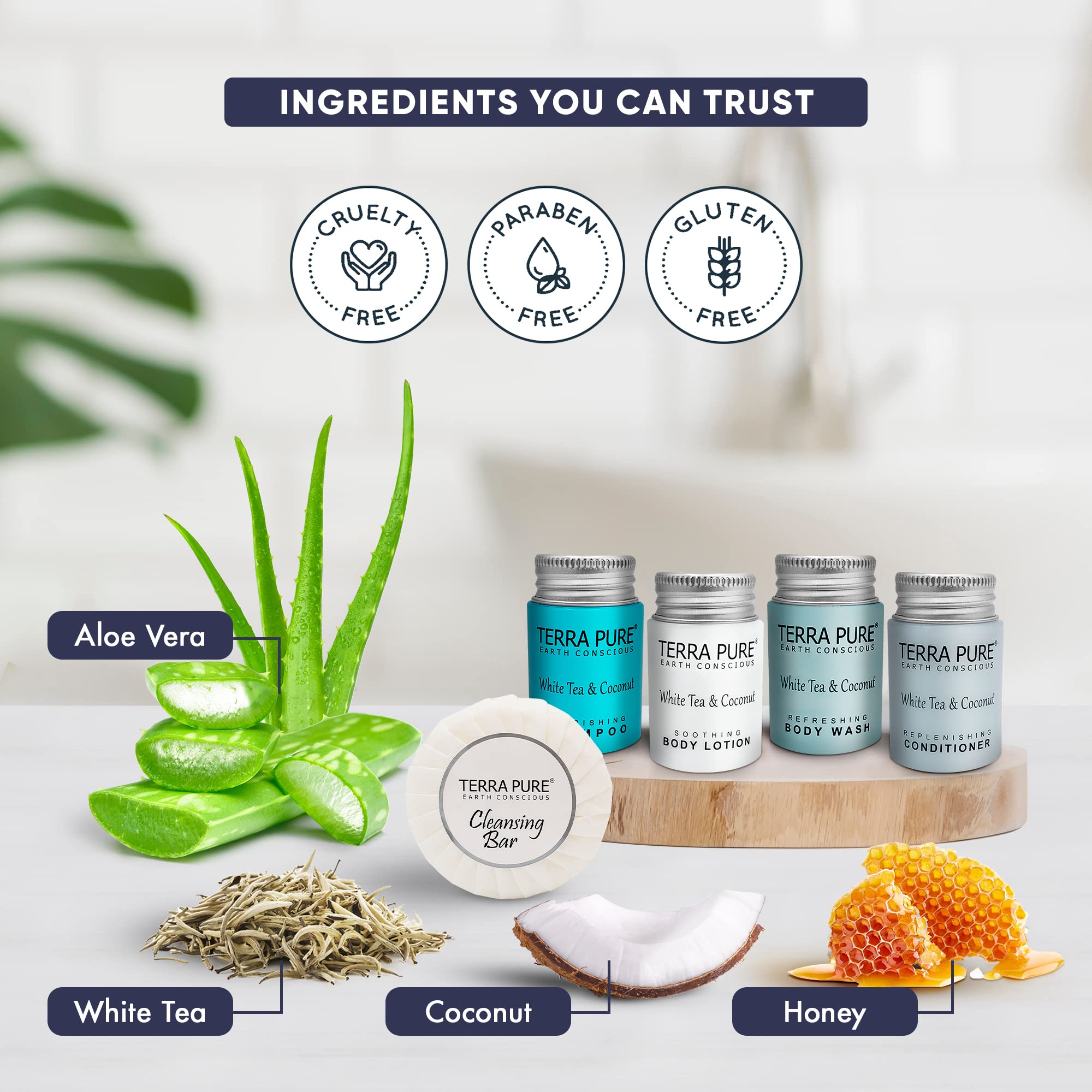 Terra Pure White Tea And Coconut Hotel Soaps And Toiletries Bulk Set |1-Shoppe All-In-Kit For Hotels | 1Oz Shampoo & Conditioner