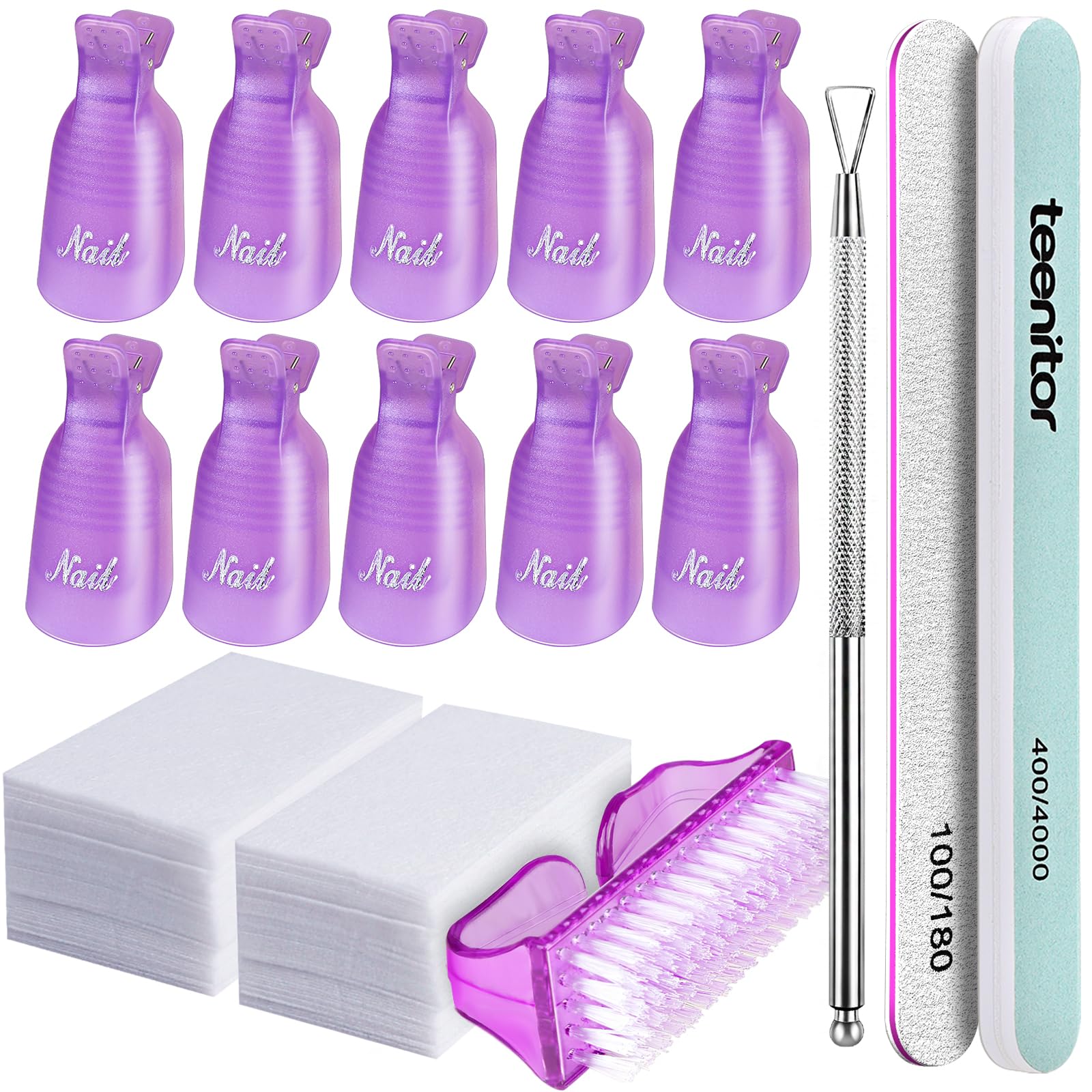 Teenitor Nail Polish Gel Remover Tools Kit With Nail Clips Nail Remover Pads Cuticle Pusher Nail Brushes Nail File Grits 120/180