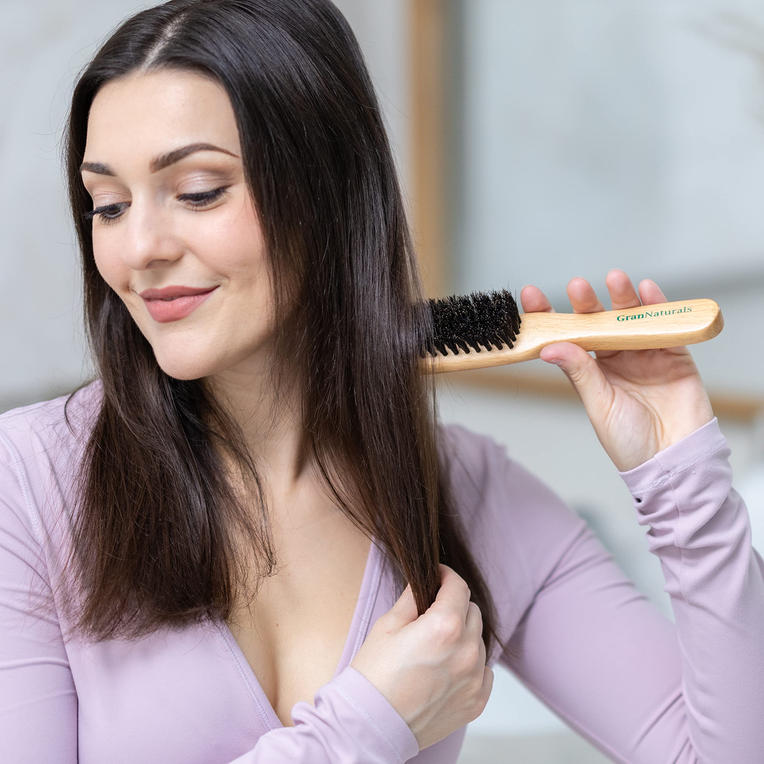 GranNaturals Boar Bristle Slick Back Hair Brush - Soft/Medium Smoothing Hairbrush to Style, Polish, & Lay Hair Down Flat to Crea