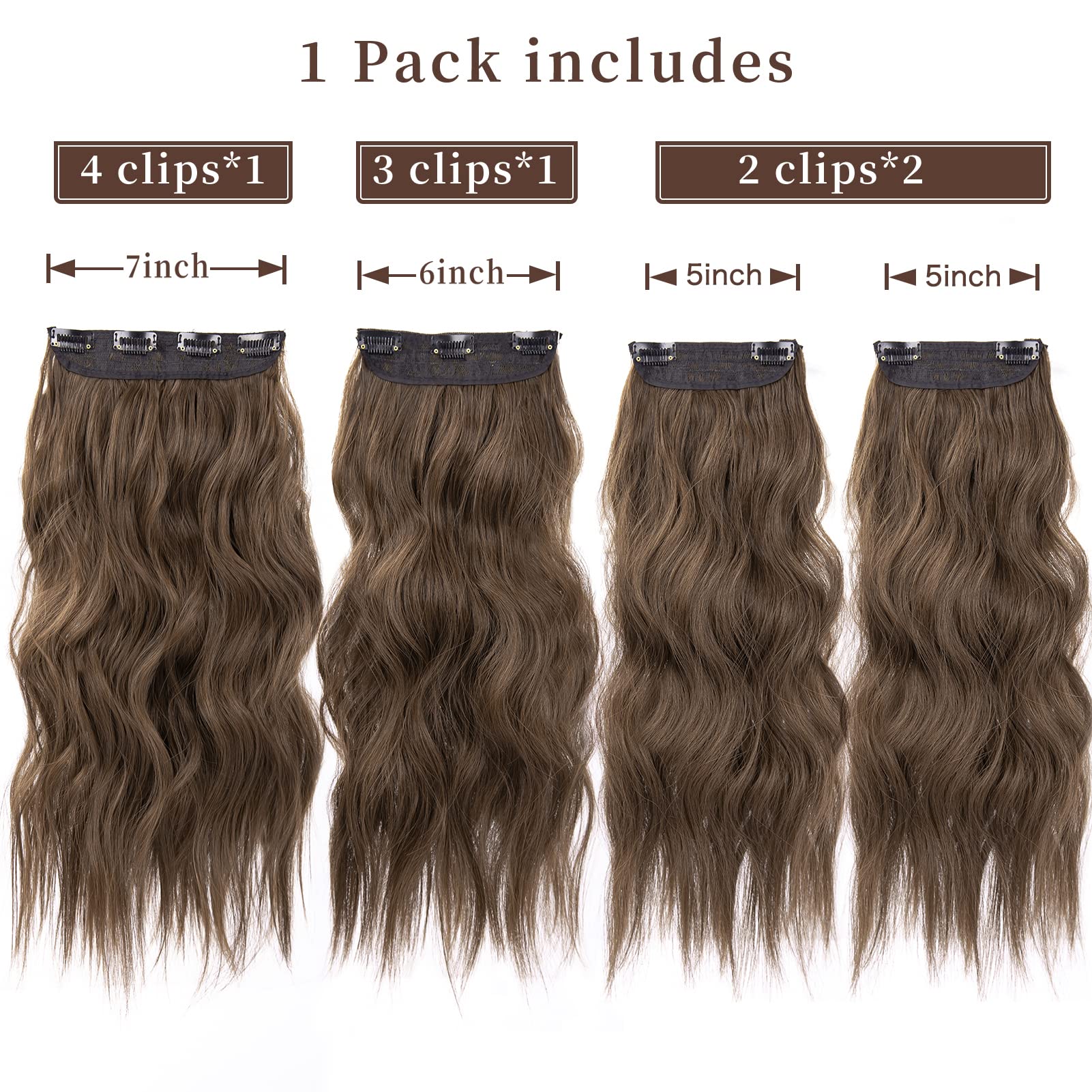 Chestnut Brown Hair Extensions, 4Pcs Synthetic Clip In Hair Extensions, 20 Inches Long Curly Hair Extensions Clip Ins, Natural T