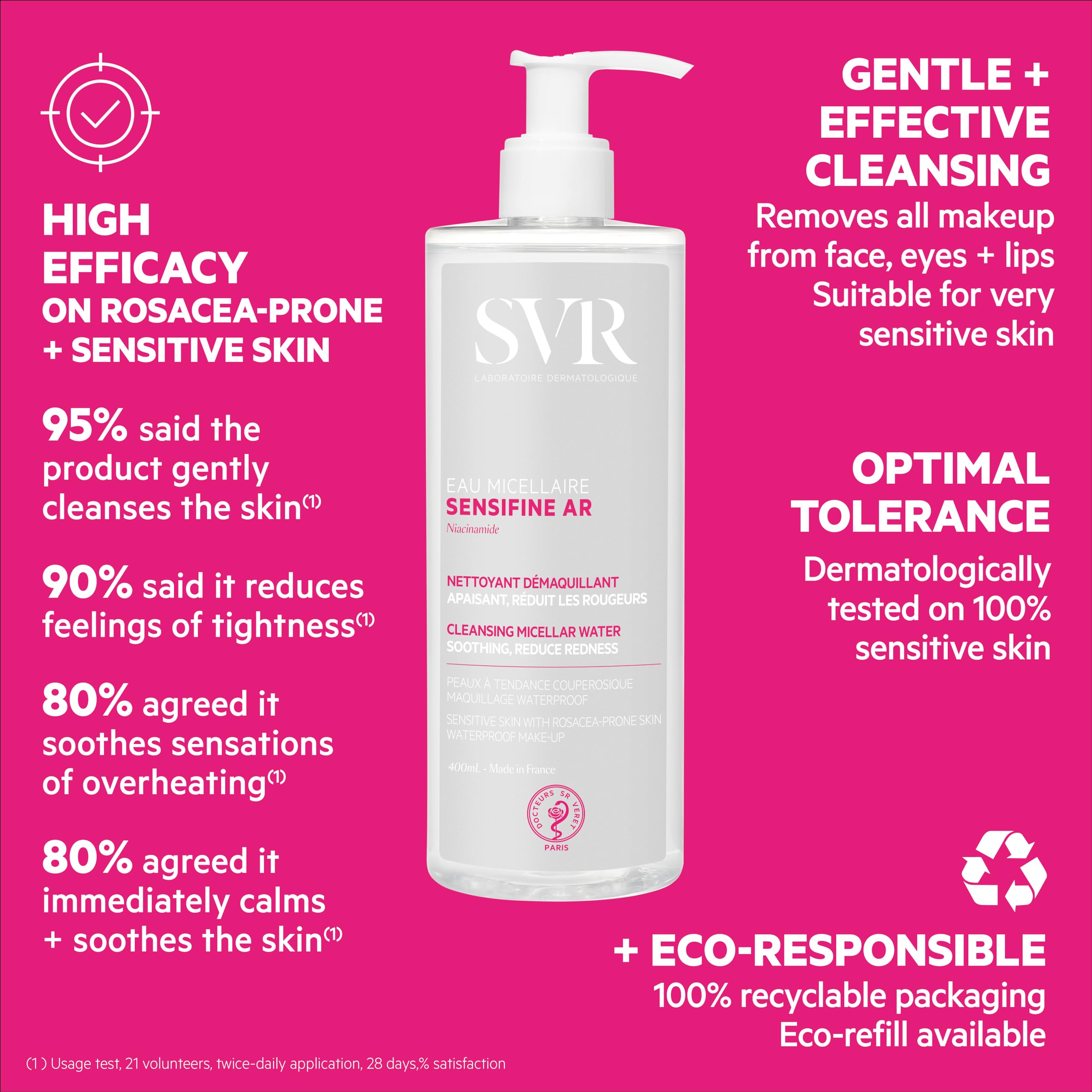 SVR Sensifine AR Micellar Water - Niacinamide. Soothing, Redness Relief Face Cleanser & Makeup Remover for Face, Eyes, Lips. Gen