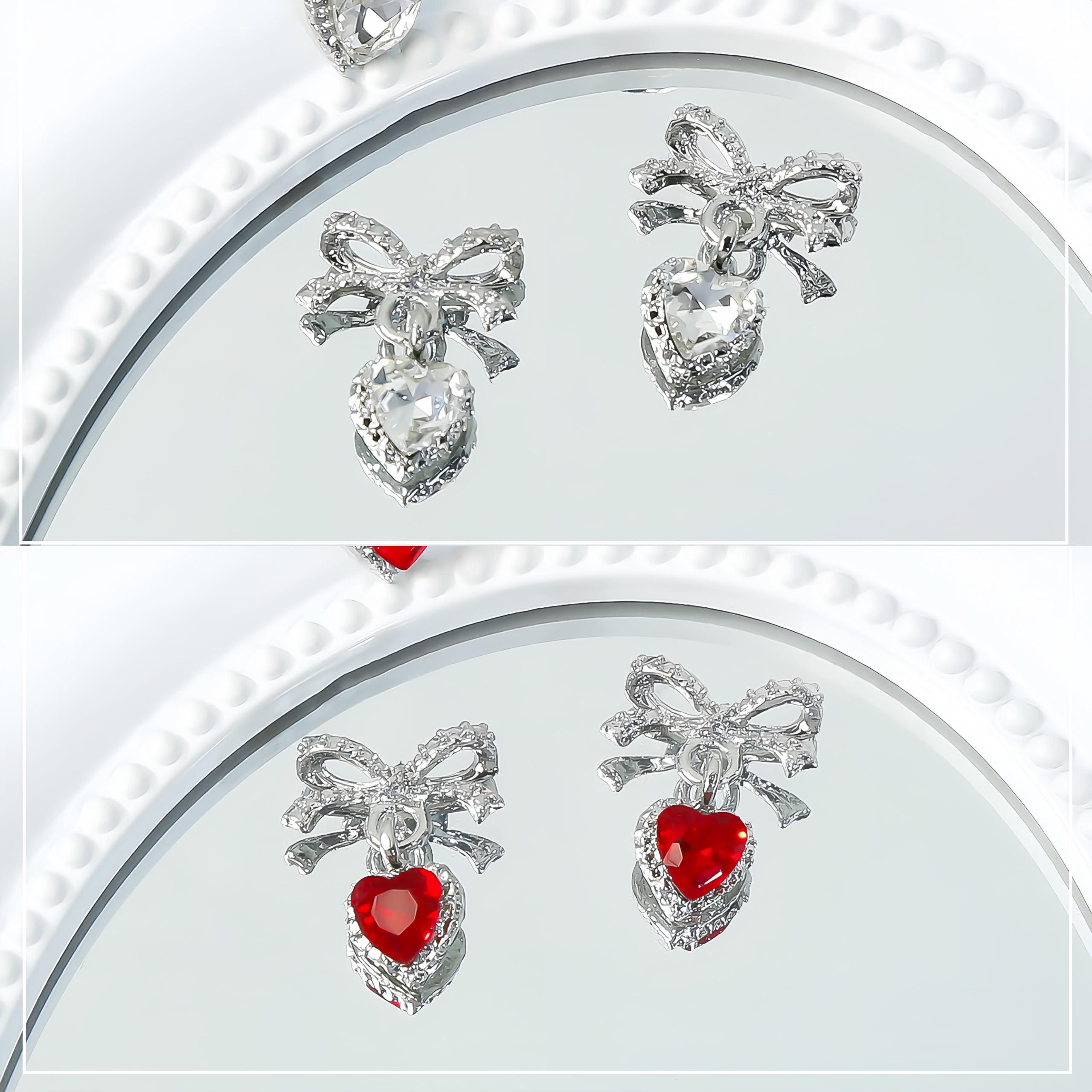 12Pcs Heart Nail Charms 3D Silver Bow Nail Art Charms Luxury Heart Rhinestones For Nails Valentine'S Day 3D Crystal Alloy Red Si