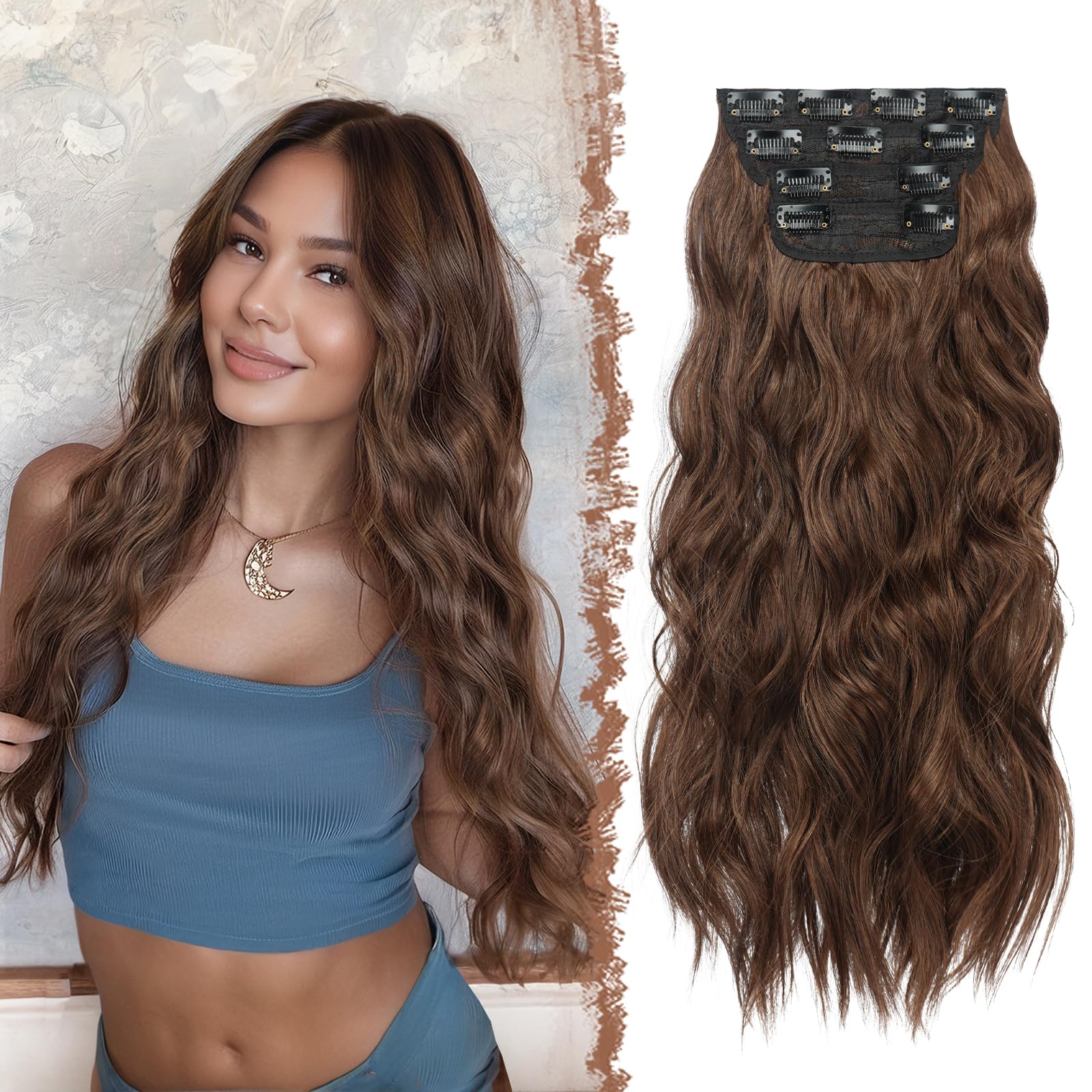 FESHFEN Clip in Hair Extensions - 4 PCS Long Wavy Mixed Brown Thick Hairpieces Clip in Hair Piece Full Head Synthetic Hair Exten