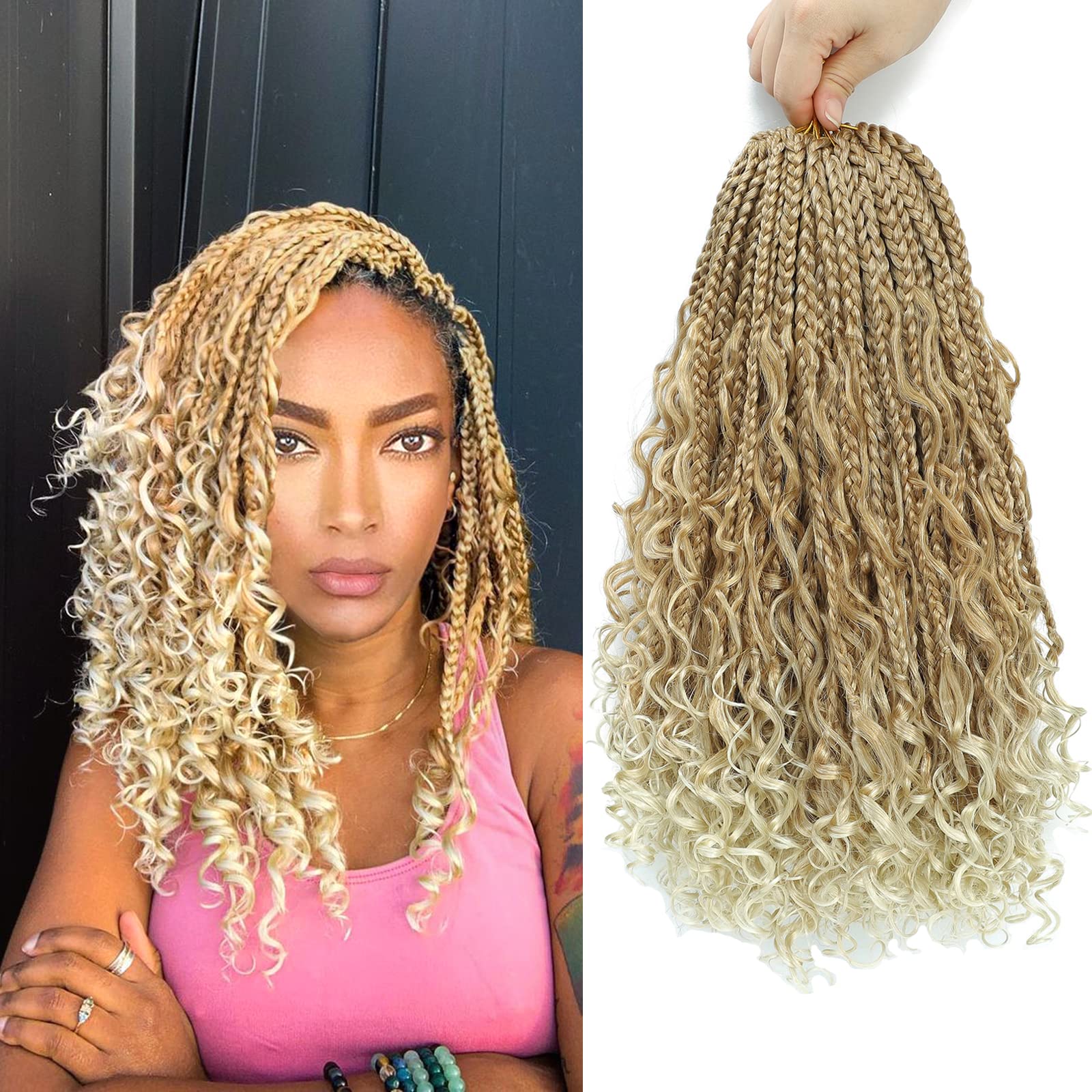 Boho Box Braids Crochet Hair 14 inch 8 Packs Ombre Box Braid Crochet Hair with Curly Ends Goddess Box Braids Crochet Hair Extens