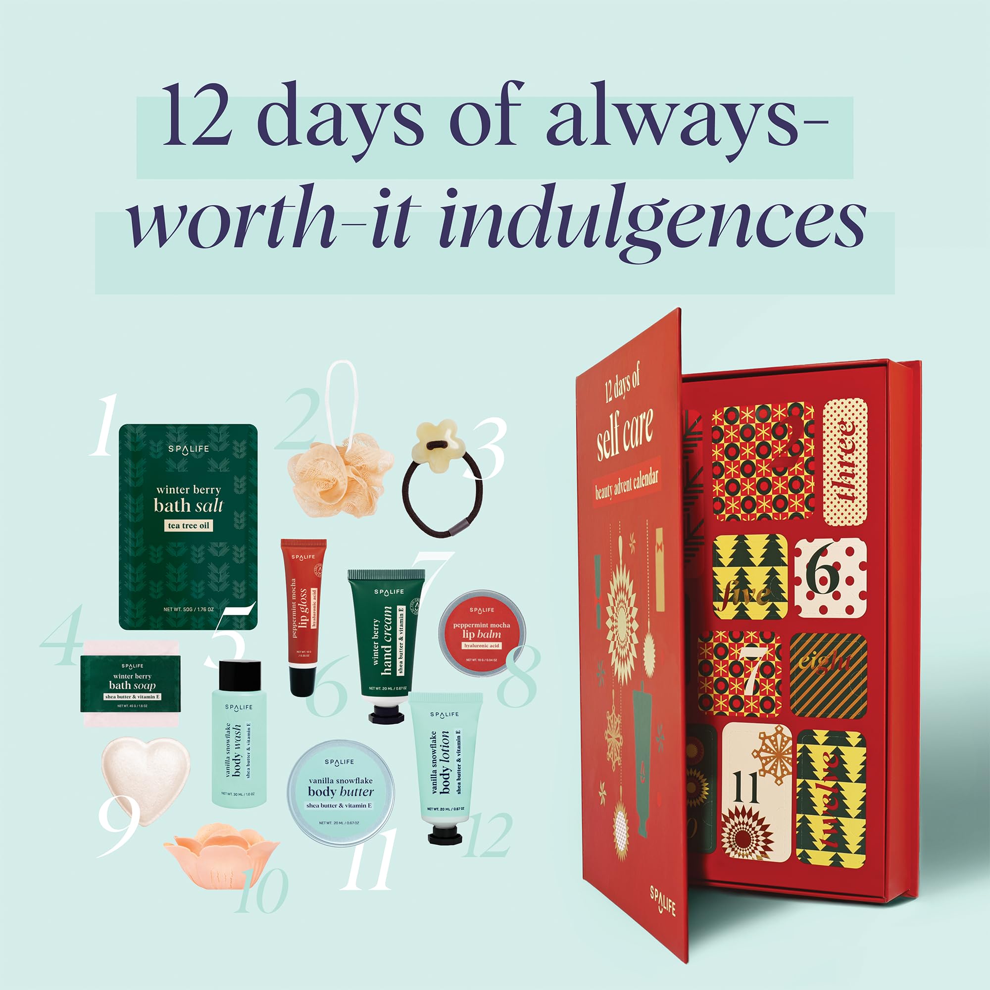 SpaLife Holiday 12-Day Beauty Advent Calendar - Travel-Friendly Skincare - Gift Set - 12 Days of Self-Care Spa Set - Body Care S