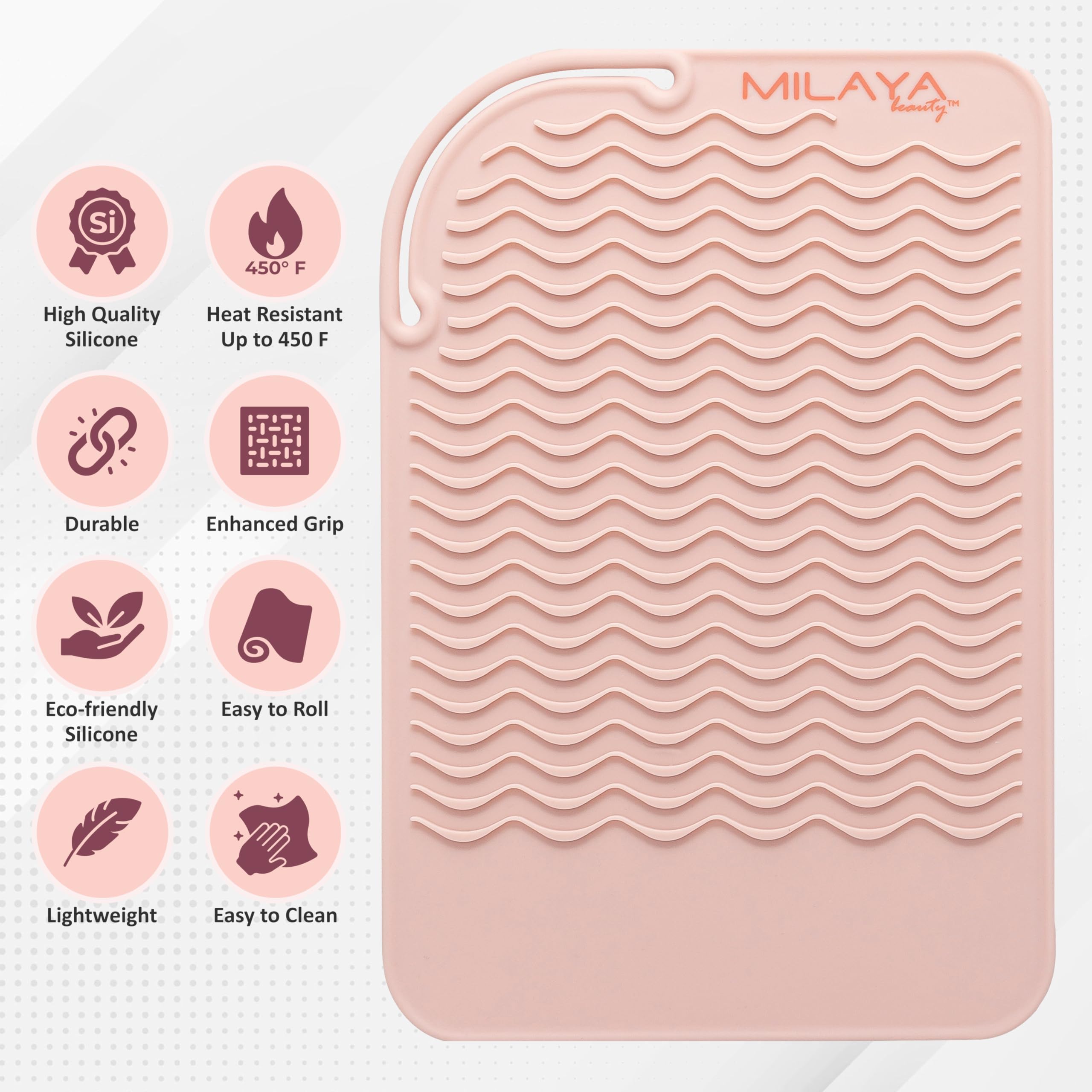 Milaya Beauty Heat Resistant Mat - Silicone Curling Iron Holder - 11"x7.5" - Rose Gold - Model 1002