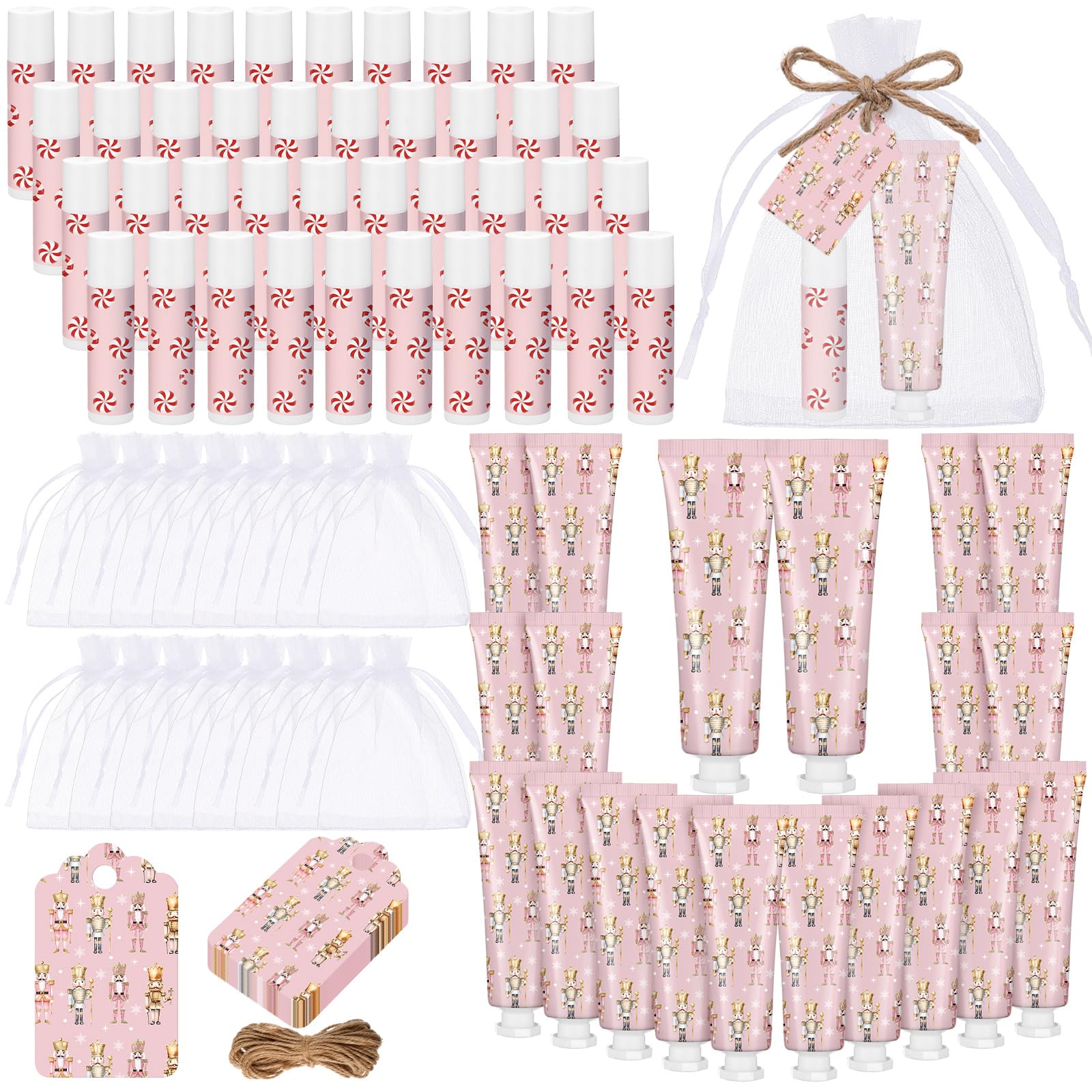Dansib 24 Sets Christmas Pink Nutcracker Hand Cream and Candy Lip Balm Gift Christmas Party Favors Travel Size Hand Lotion and L