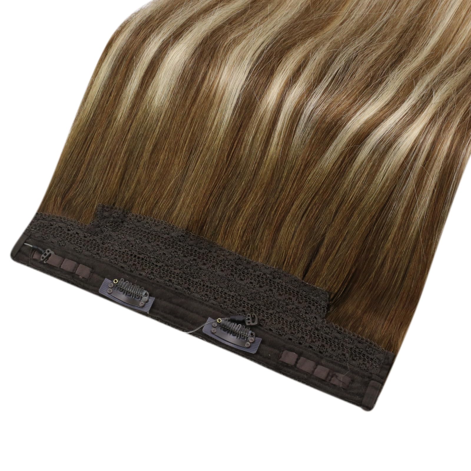 Sunny Invisible Wire Hair Extensions 12Inch Ombre Fishing Line Hair Extensions Human Hair Medium Brown Balayage Platinum Blonde