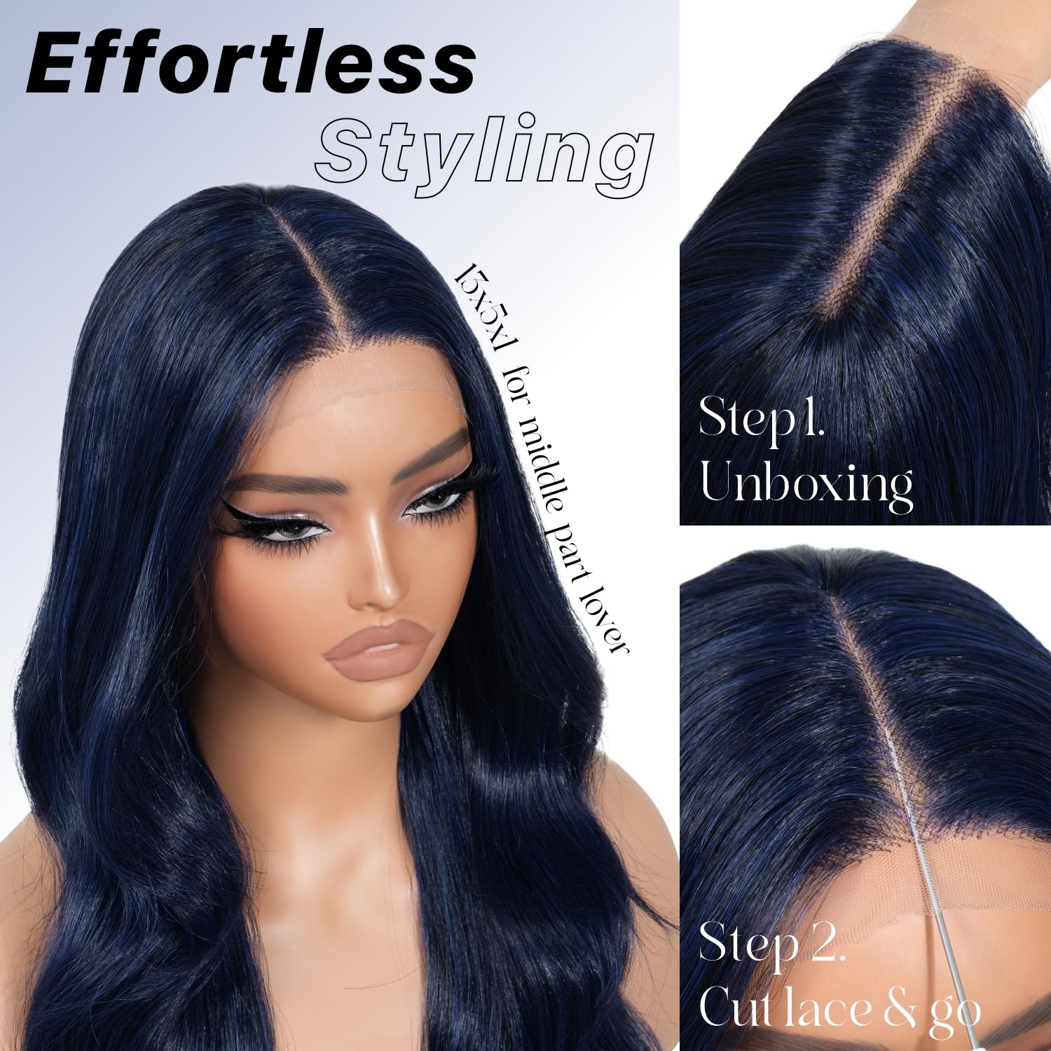 Brownbomb Dark Blue Synthetic Lace Front Wigs Body Wave Glueless Wigs With Bangs Pre Plucked Pre Cut Hd Lace 13X5X1 Middle Part