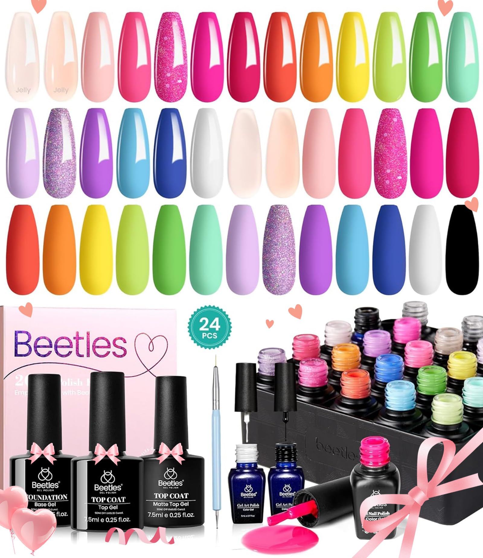 Beetles 24Pcs Gel Nail Polish Set With Base Gel Top Coat White Black Liner Gel Nail Art Brush, Gel Polish Kit Neon Bright Blue P