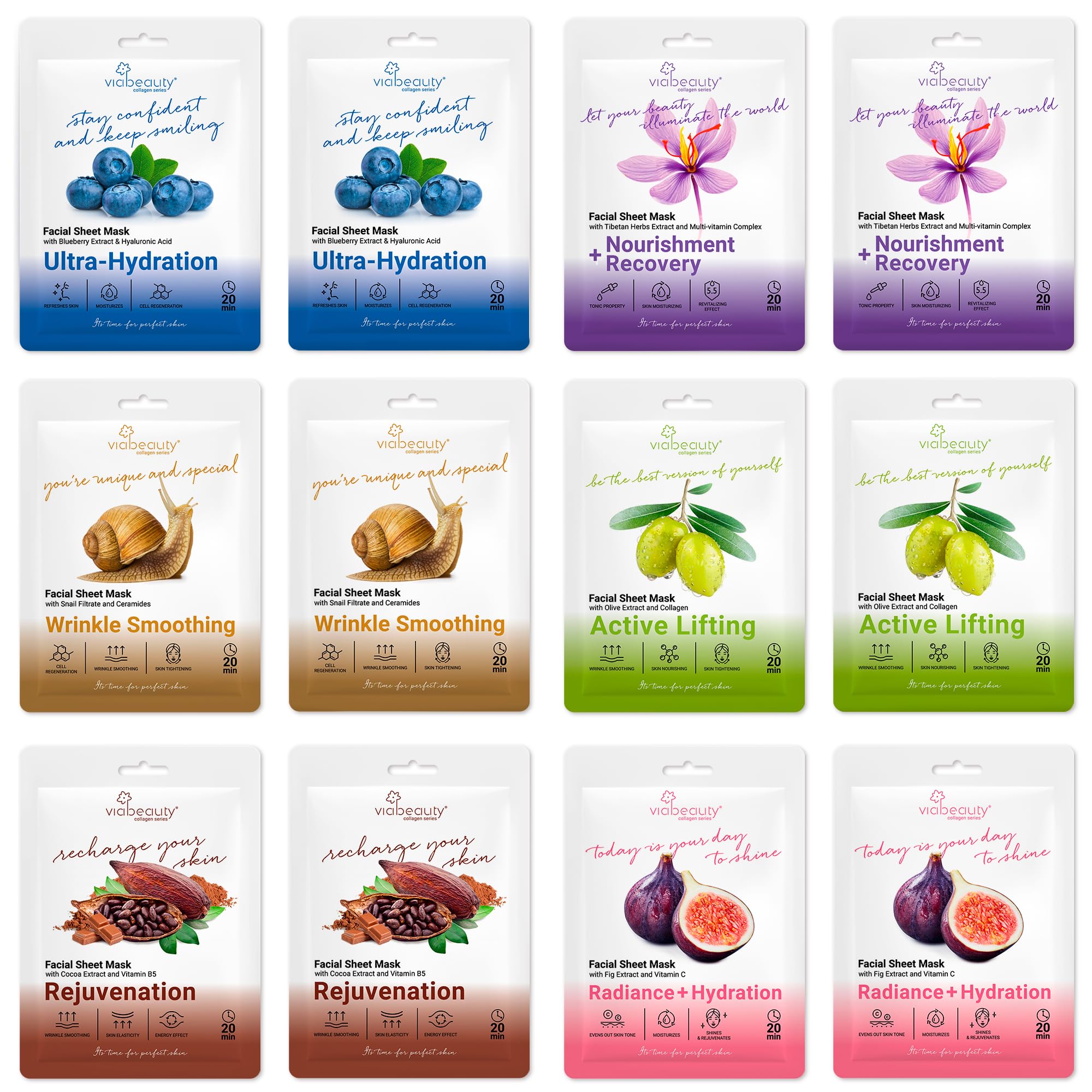 VIABEAUTY 12 Pack of Sheet Face Masks Skincare - Collagen Face Mask Sheets with Hyaluronic Acid, Vitamin C, Snail Mucin - Facial