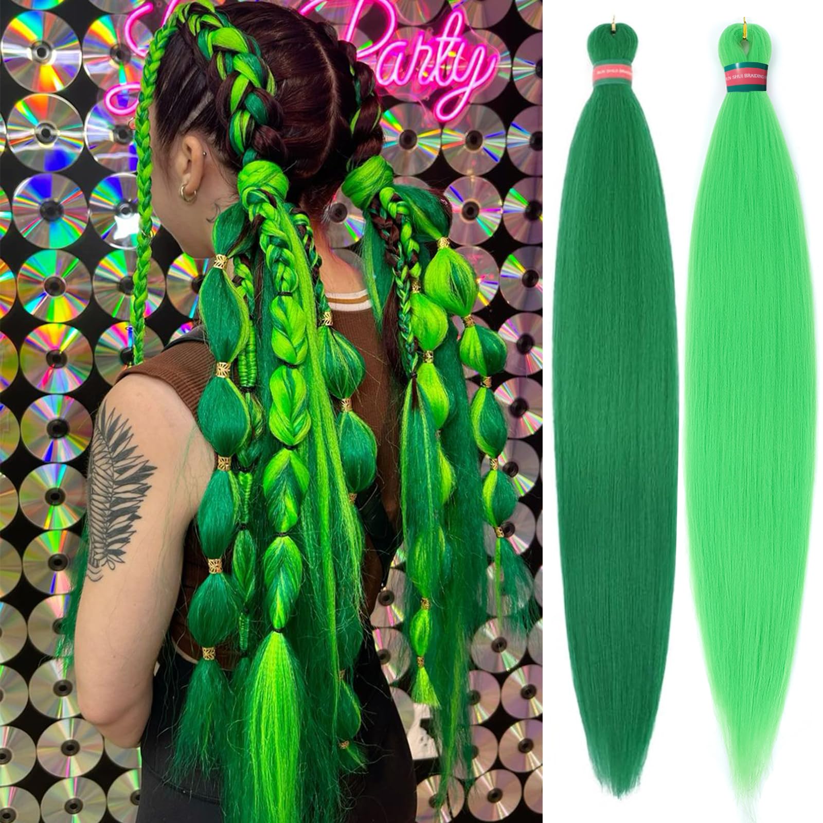 Green+Light Green Pre stretched Braiding Hair 2 Packs Pre feathered Braid Hair Extensions 30 Inches Kanekalon Hair Braids