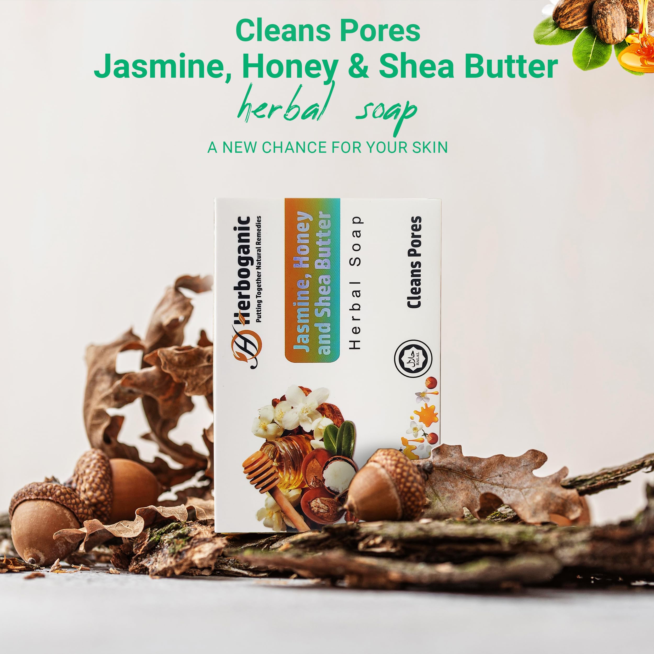 HERBOGANIC Jasmine Honey and Shea Butter Herbal Soap | Pack of 3 of 5oz soap Bar | Natural Bar Soap for Face and Body | Hydratin
