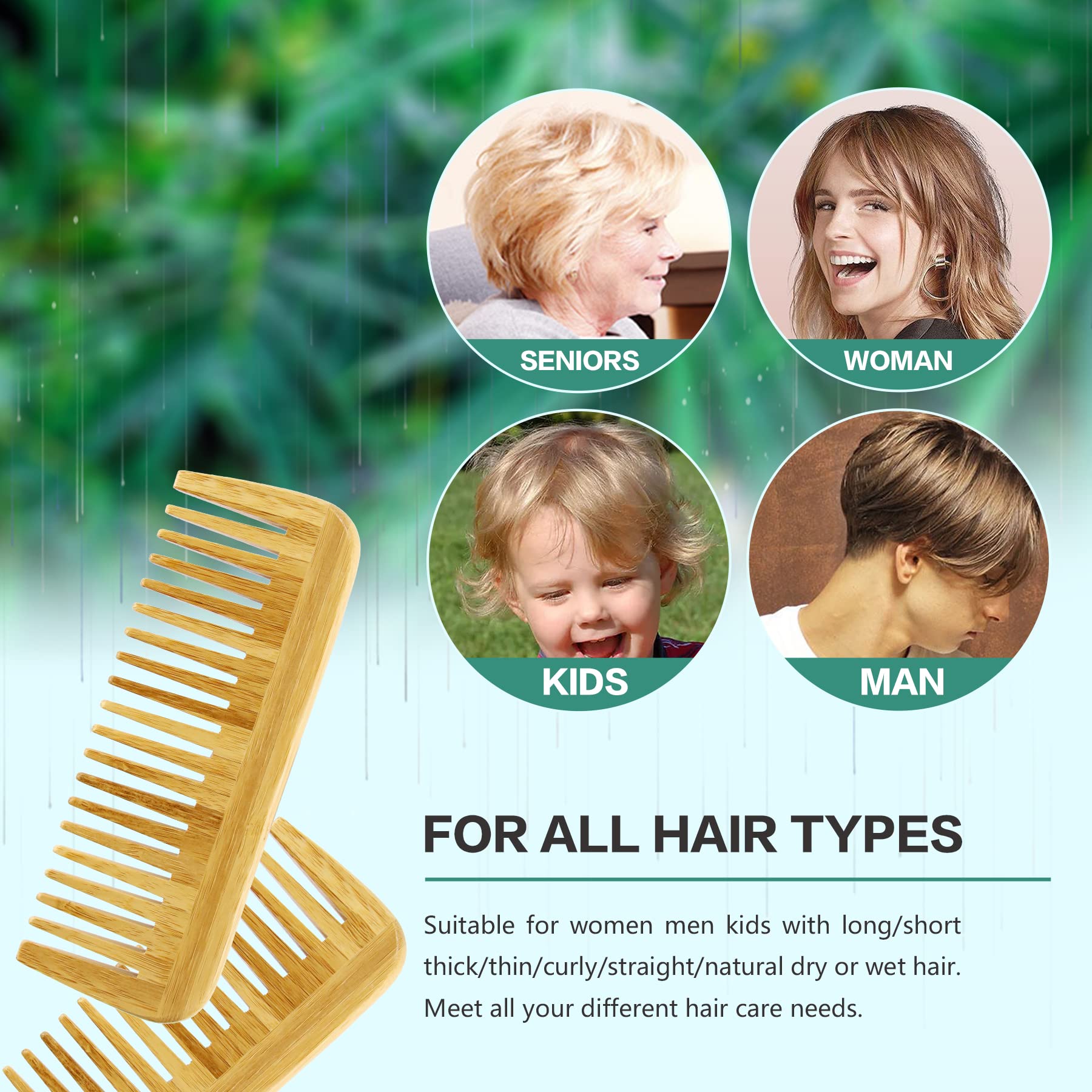 Moyretty 2 Pieces Bamboo Hair Comb Wide Tooth Brush Handmade Of Natural Bamboo Wood Anti-Static For Detangling And Styling Wet O