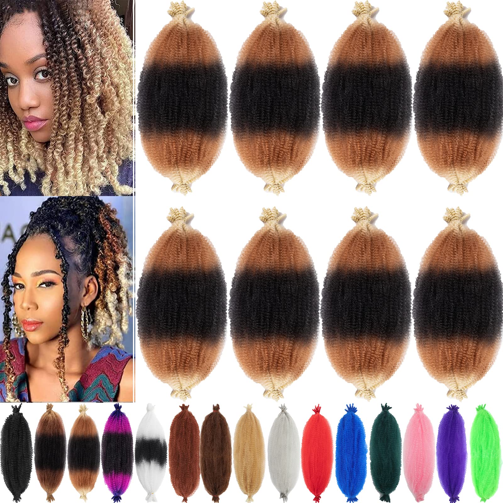 Blonde Brown Ombre 8 Packs Springy Afro Twist Hair 1B27613# 16 inch 3 Tones Pre-Separated Kinky Marley Twist Braiding Hair Soft