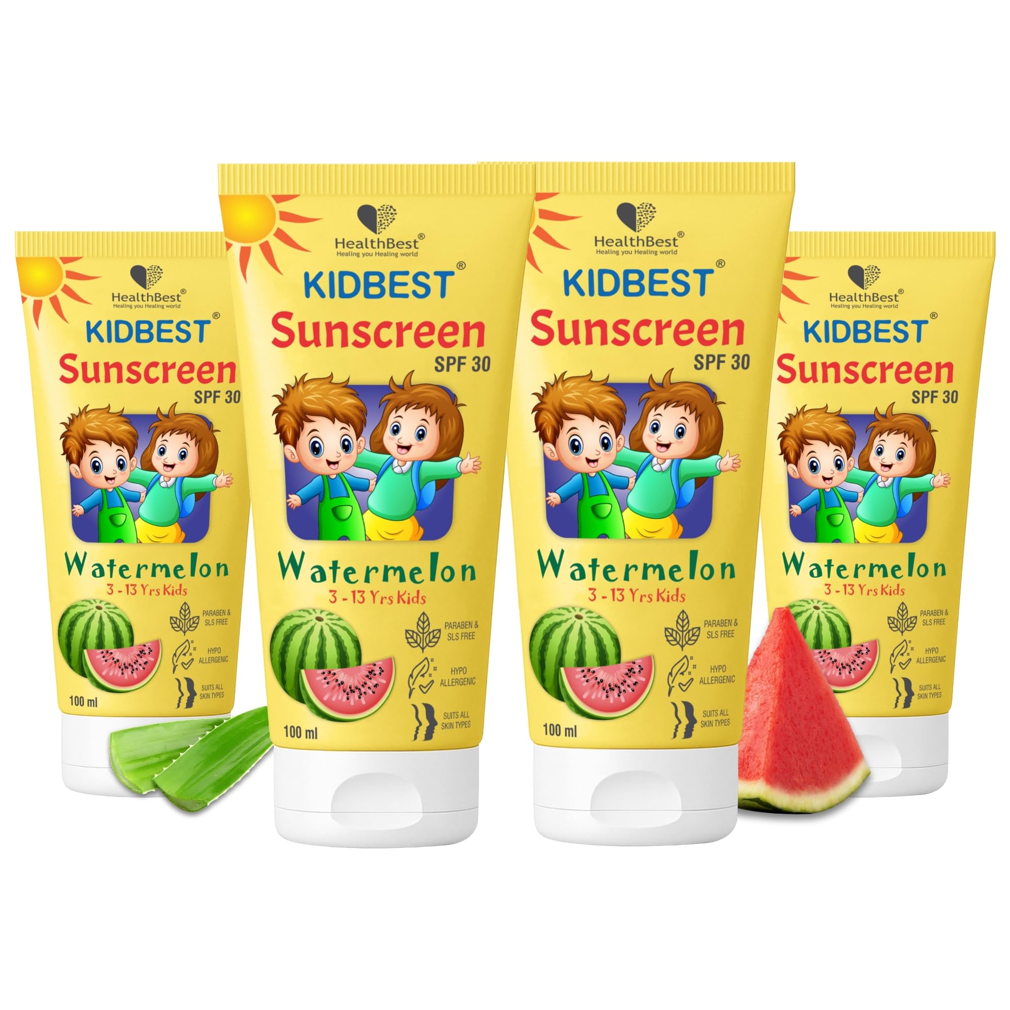 Healthbest Kids Watermelon Cooling Sunscreen Spf 30 Pa+++ 100Ml (Pack Of 4) With Aloe Vera & Vitamin E For Face & Body, Uva/Uvb