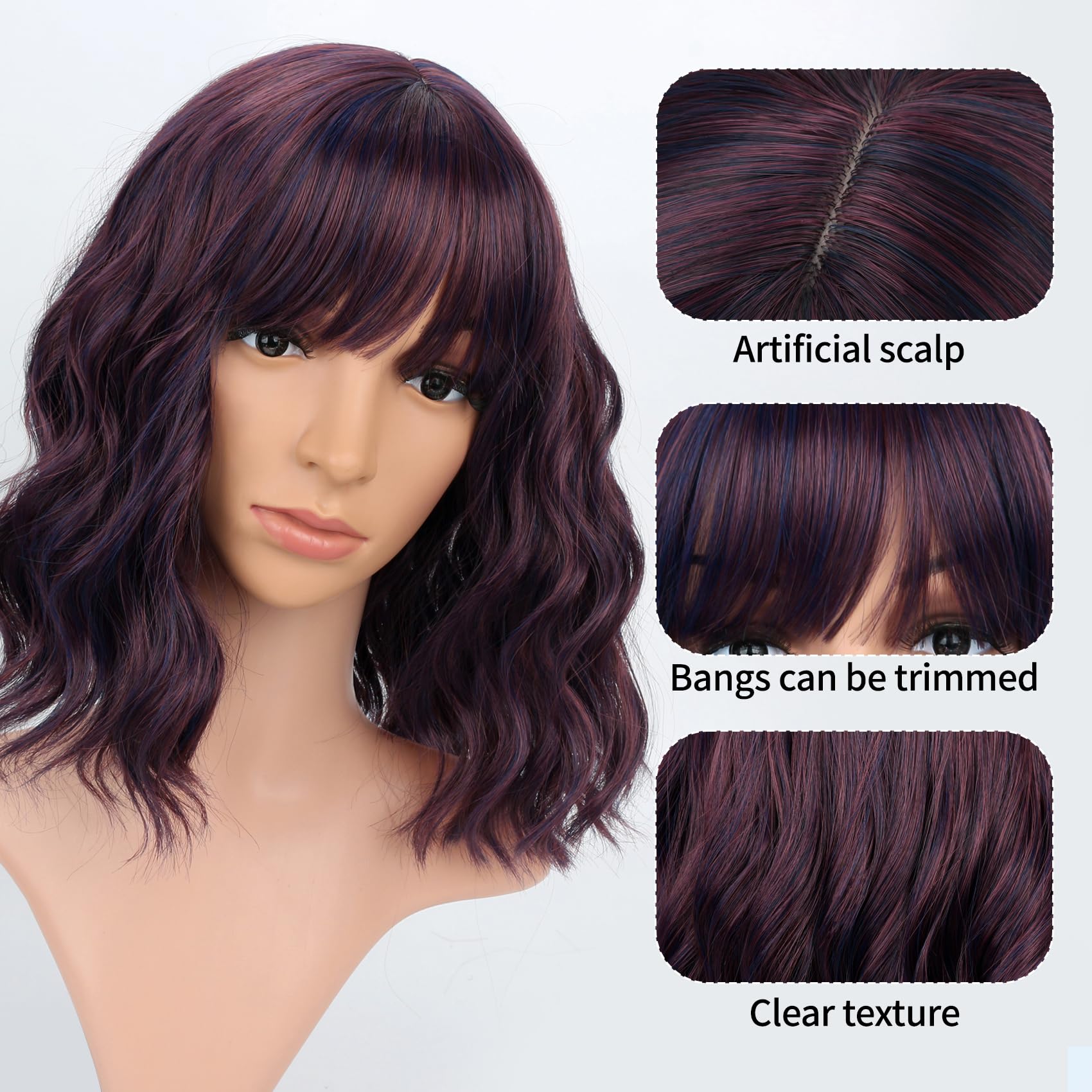 Vckovcko 12Inches Loose Wave Bob Wig Wavy Burgandy Wig With Air Bang Curly Hair Wigs Synthetic Cosplay Party Wigs For Women (12I