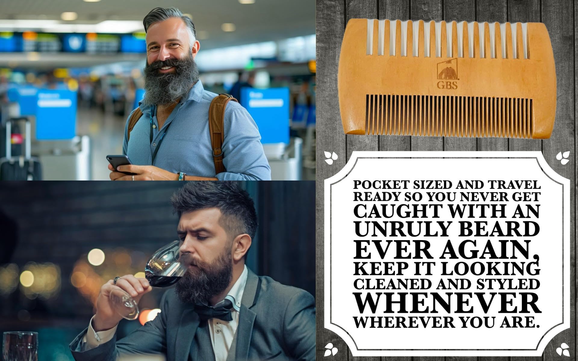 G.B.S 2 Sided Beard Comb - Pocket Sized Wooden Beard & Mustache Comb With Fine & Coarse Teeth - Perfect For Use With Beard Balms