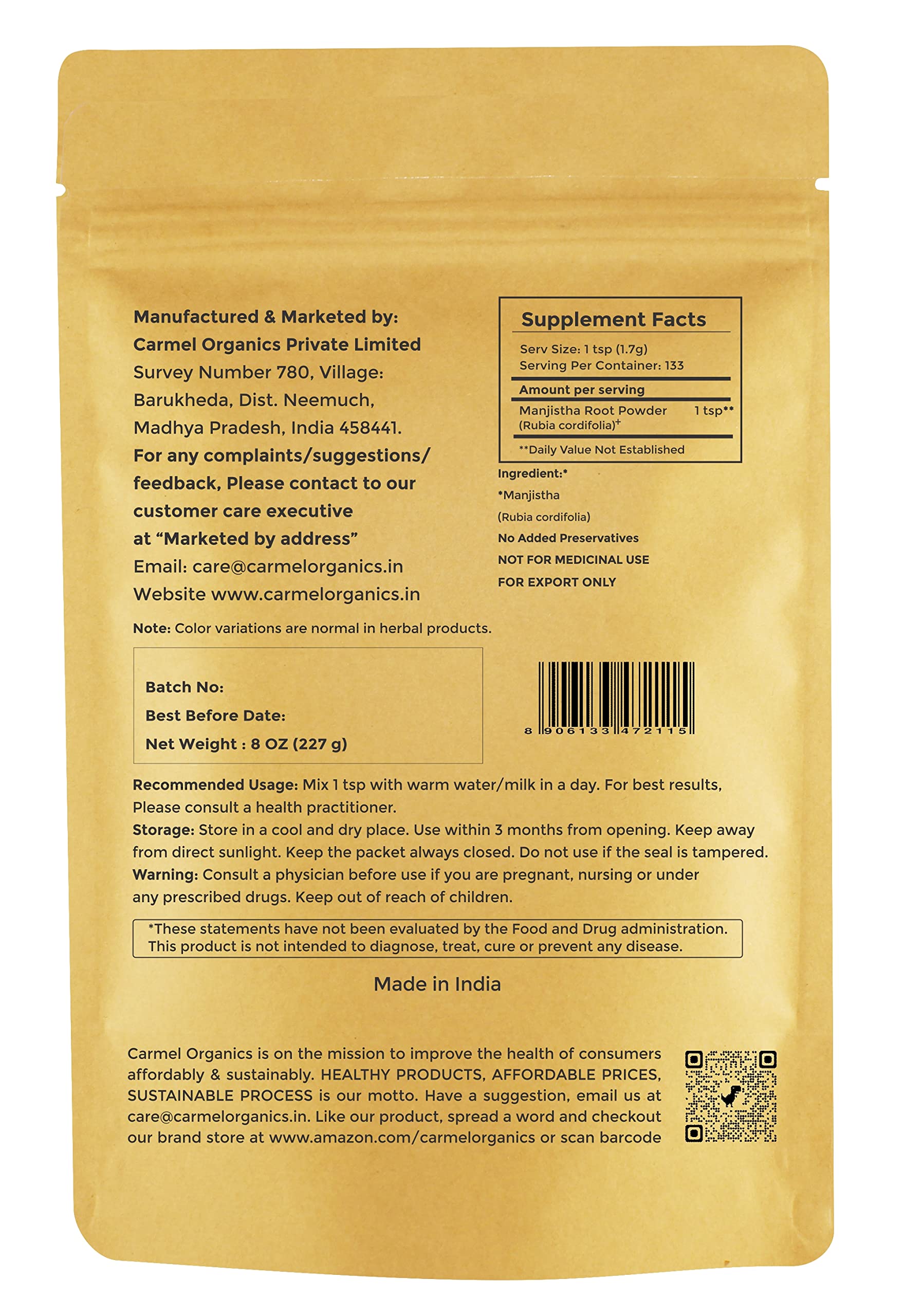 Manjistha Root/Indian Madder Powder (8 Oz) Or 0.5 Lb/227 Grams (Pack Of 1) For Natural Hair Color | By Carmel Organics | No Adde