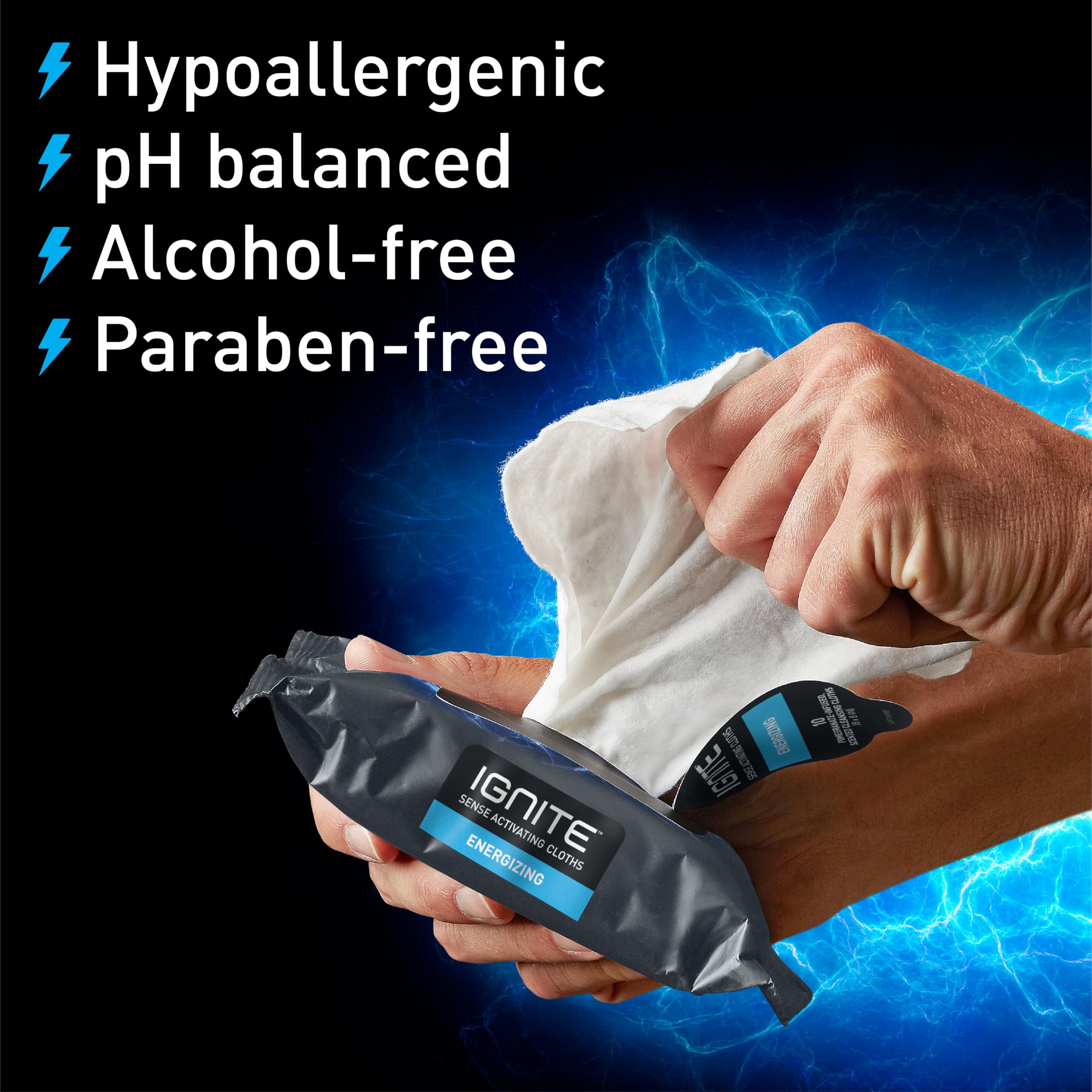 Ignite Mens Body Wet Wipes, Extra Thick 8 '' X 8 '' Shower Wipes, Energizing Scent, 10 Count (Pack Of 5)