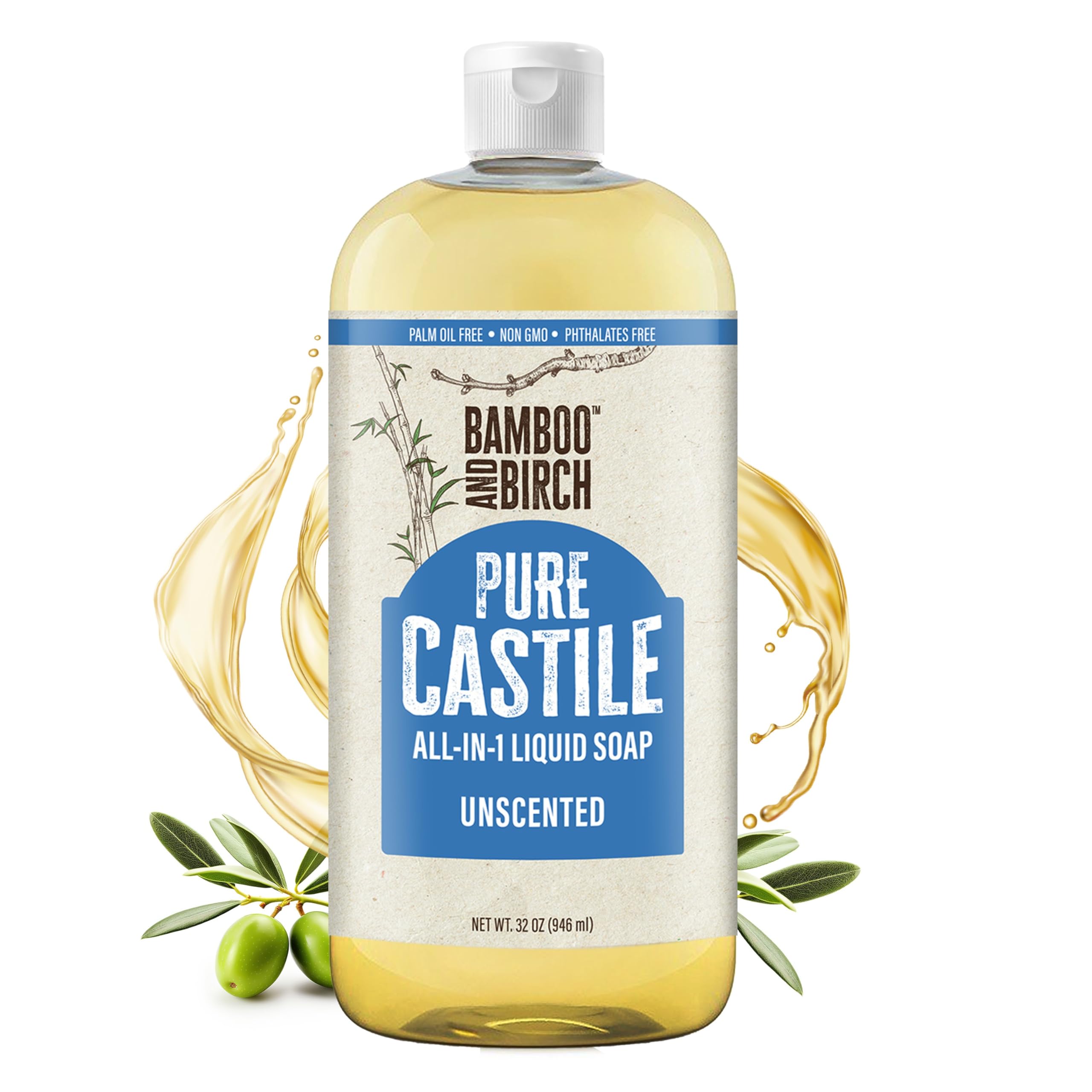 Bamboo And Birch Pure Castile Soap Liquid Organic, Certified Palm Oil Free Natural Soap, Unscented, 32 oz