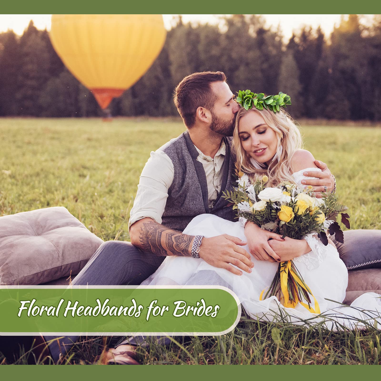 Yilloog 2 Pcs Green Hawaiian Flower Crown Headpiece, Artificial Berry & Leaf, Boho Bridal Hair Wreath for Wedding & Festival