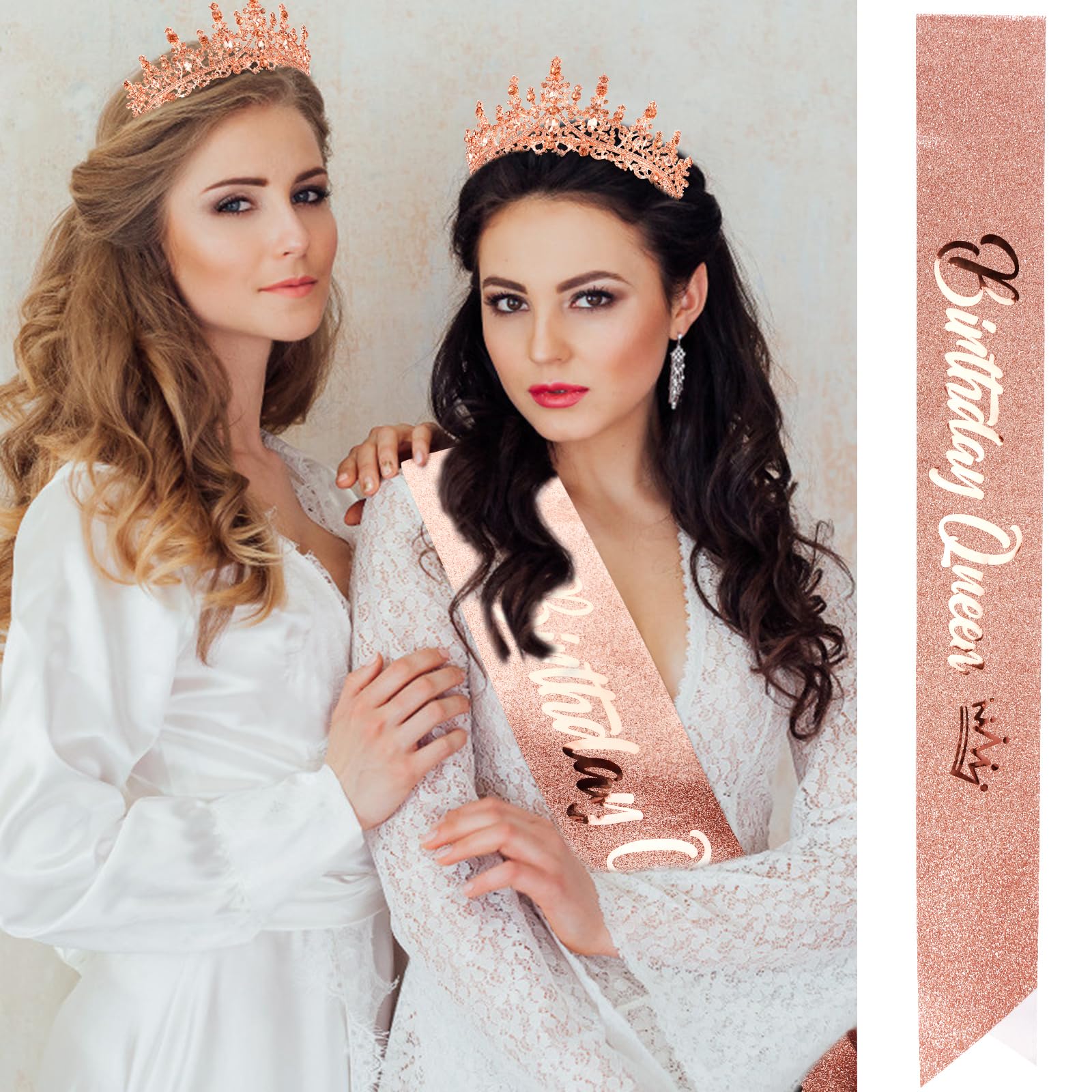 Velscrun Rose Gold Crystal Birthday Queen Tiara Crown For Women Girls Birthday Queen Headband Sash Elegant Princess Crown With C