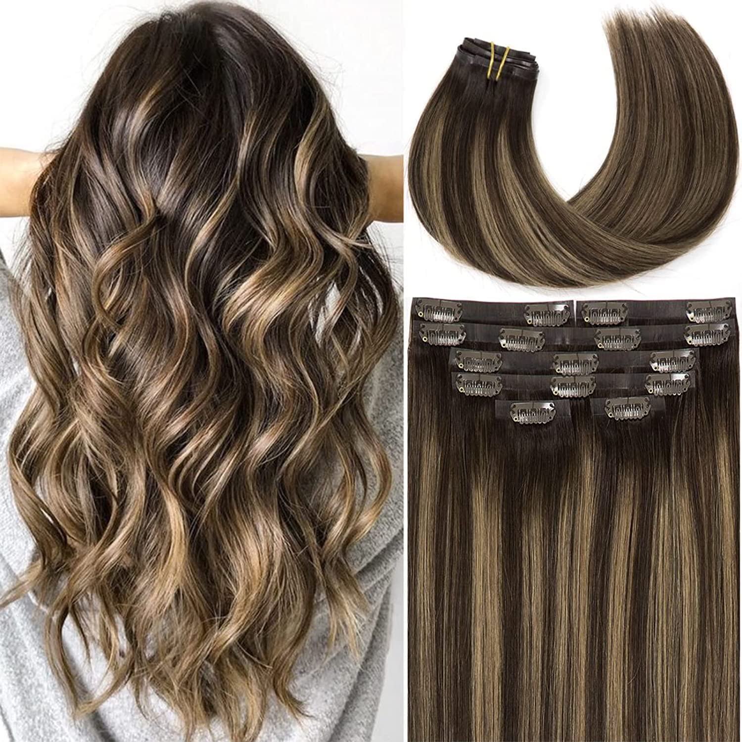 Lacer Hair Extensions Clip in Human Hair Chestnut Brown Mixed Dark Brown with Dark Brown Roots Color Ultra Thin PU Weft Seamless