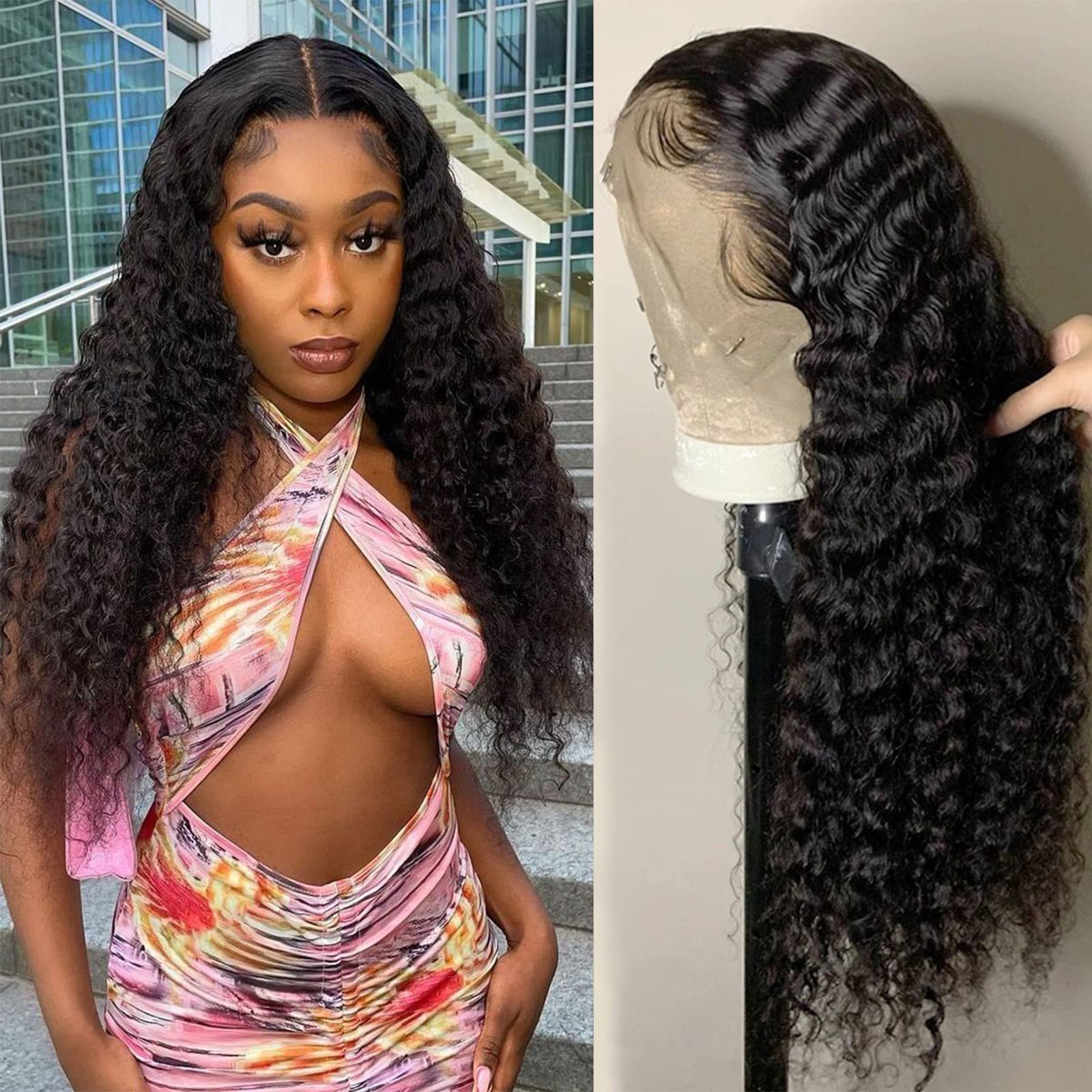BeautyGrace 22Inch Deep Wave Lace Front Wigs Human Hair 10A Grade Virgin Hair, Natural Color, Tangle Free, Soft Texture, Easy to