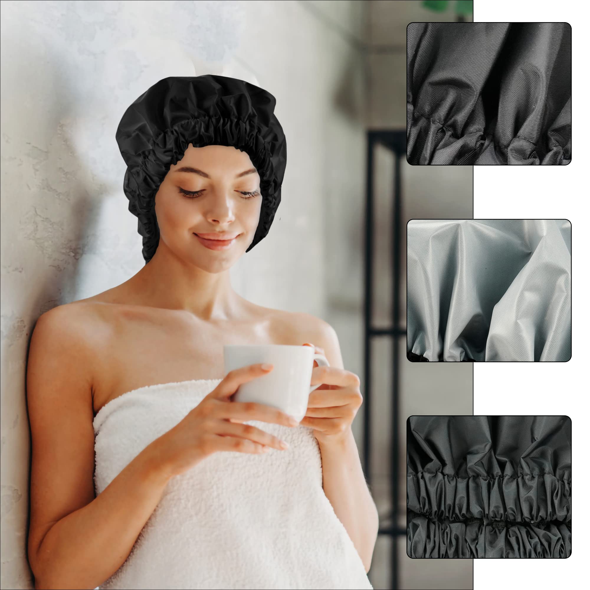 Reusable Shower Cap For Women, Large Waterproof Shower Bonnet Washable Elastic Band Bath Hair Hat For Long Hair, Braids(Black)