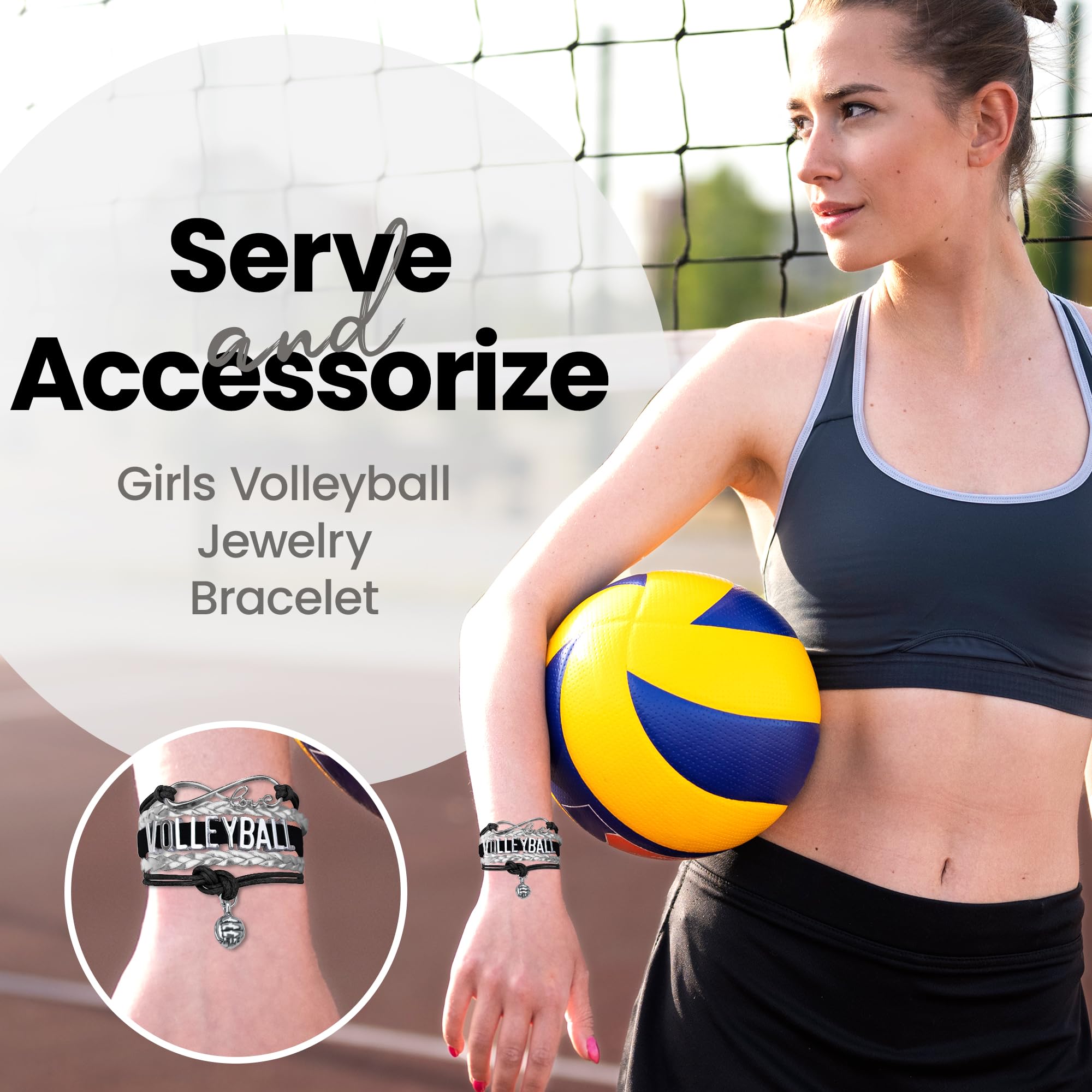 Volleyball Bracelet for Teens- Ideal Volleyball Gifts. Adjustable Charm Bracelet with Infinity Symbol & Silver Volleyball Charm.
