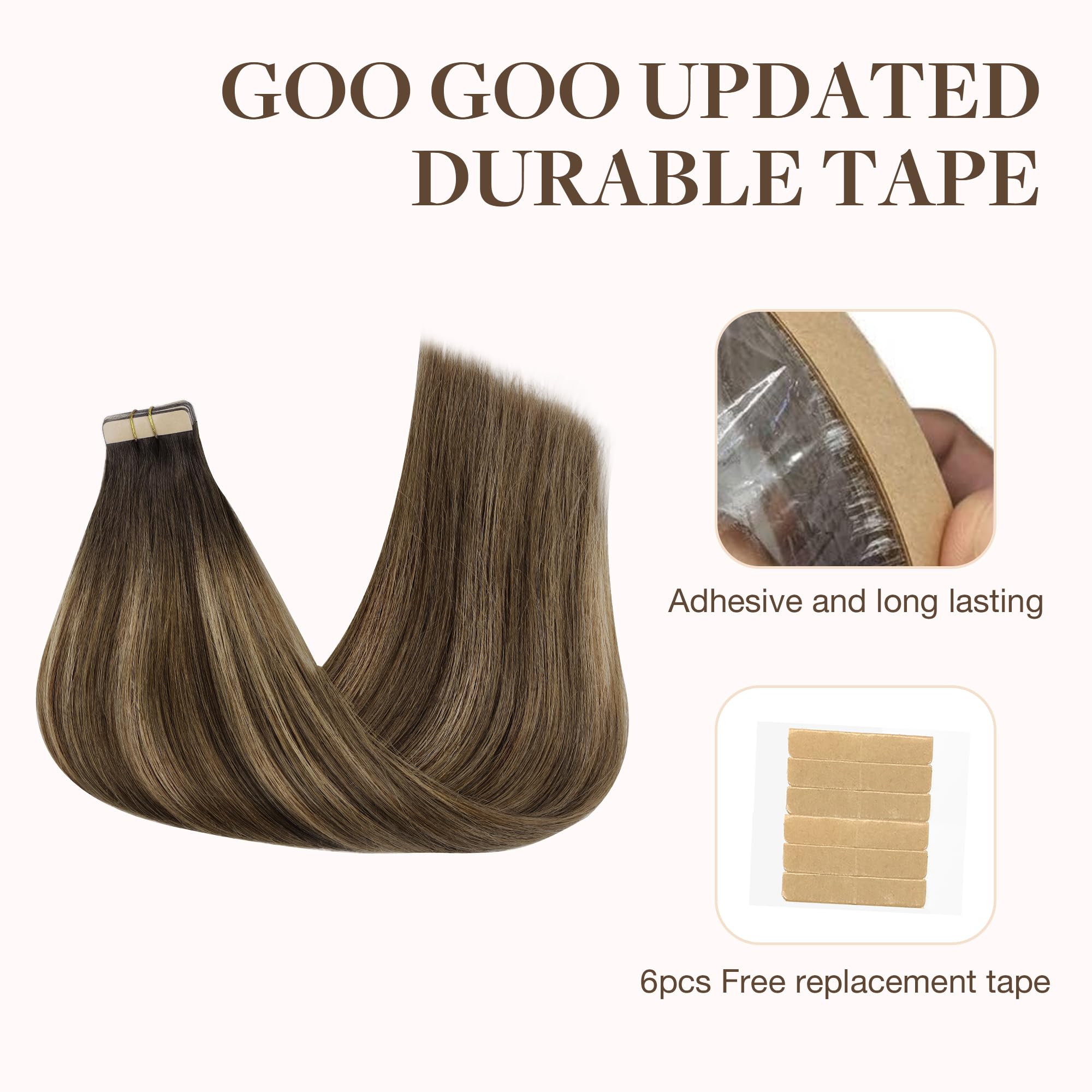 Goo Goo Tape In Hair Extensions Human Hair, 4D/14/5B Brunette Balayage, 14Inch 100G 40Pcs, Thick Ends Straight Seamless Tape In,