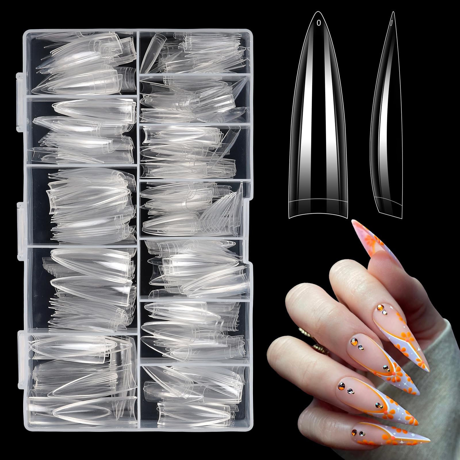 Quaferen XL Stiletto Nail Tips,504PCS No C Curve Nail Tips for Acrylic Nails, Clear Nail Tips Stiletto, Half Cover Almond Nail T