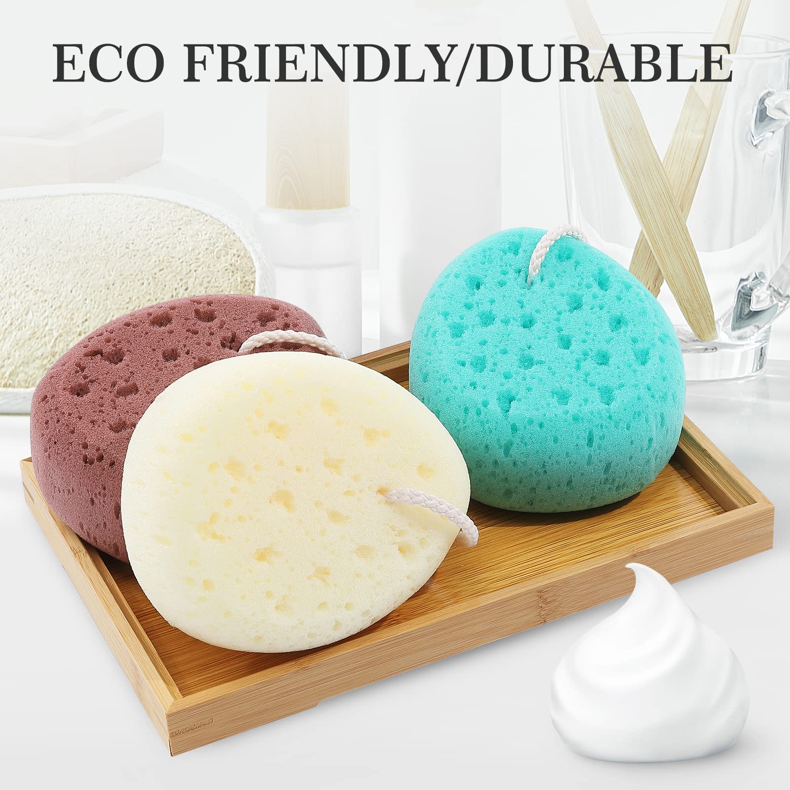 Kecuco 3 Pcs Bath Sponge For Women, Men, Teenager, Body Wash Sponges Loofah Body Scrubber Shower Sponge, 3 Colors & Large Size S