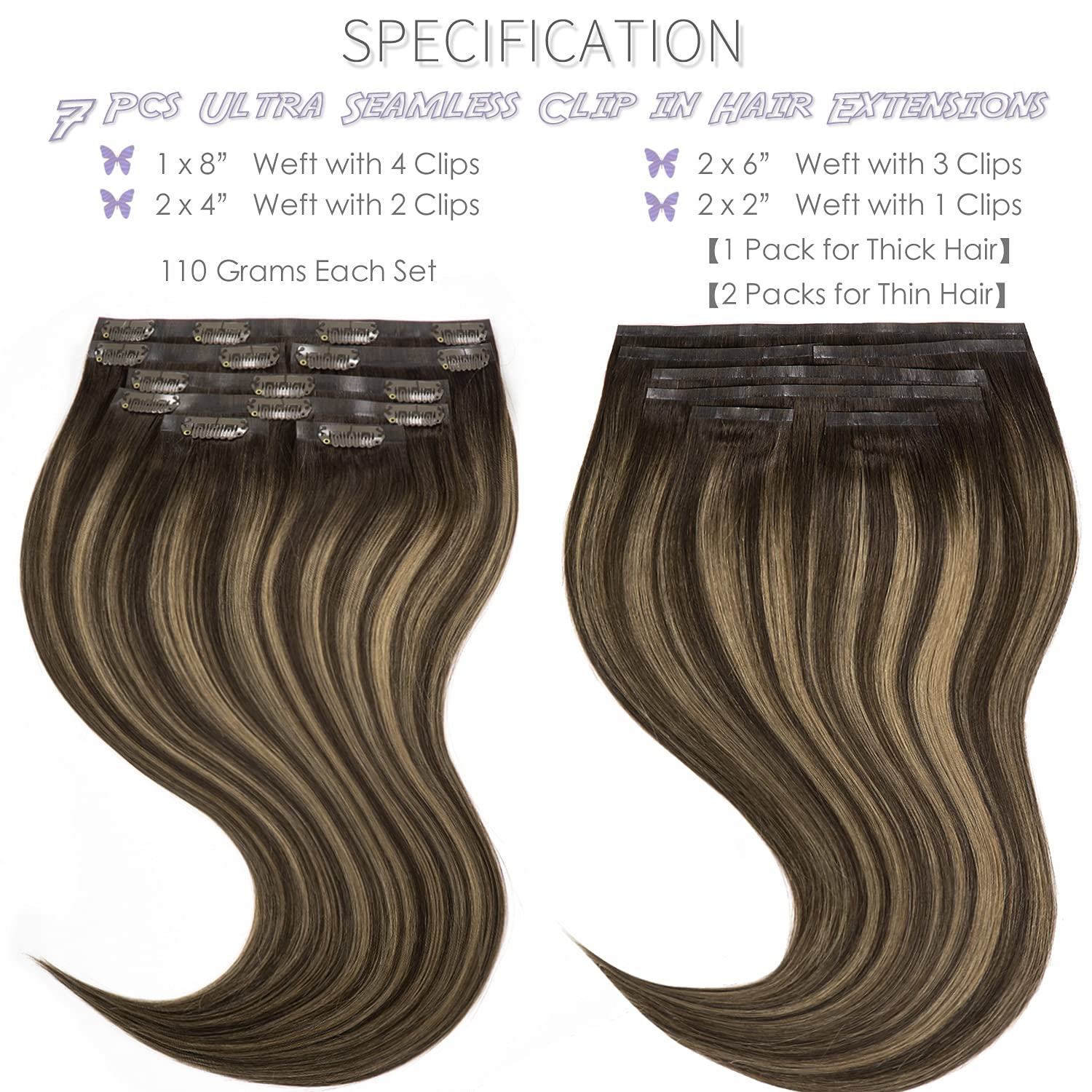Lacer Hair Extensions Clip in Human Hair Chestnut Brown Mixed Dark Brown with Dark Brown Roots Color Ultra Thin PU Weft Seamless