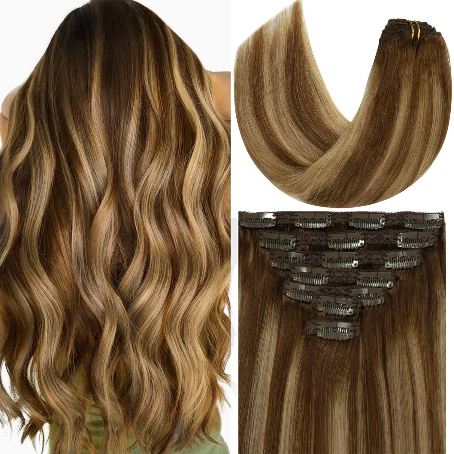 Loxxy 9A Grade Remy Human Hair Chocolate Brown to Caramel Blonde Thick Silky Straight Clip in Double Weft Natural Human Hair Ext