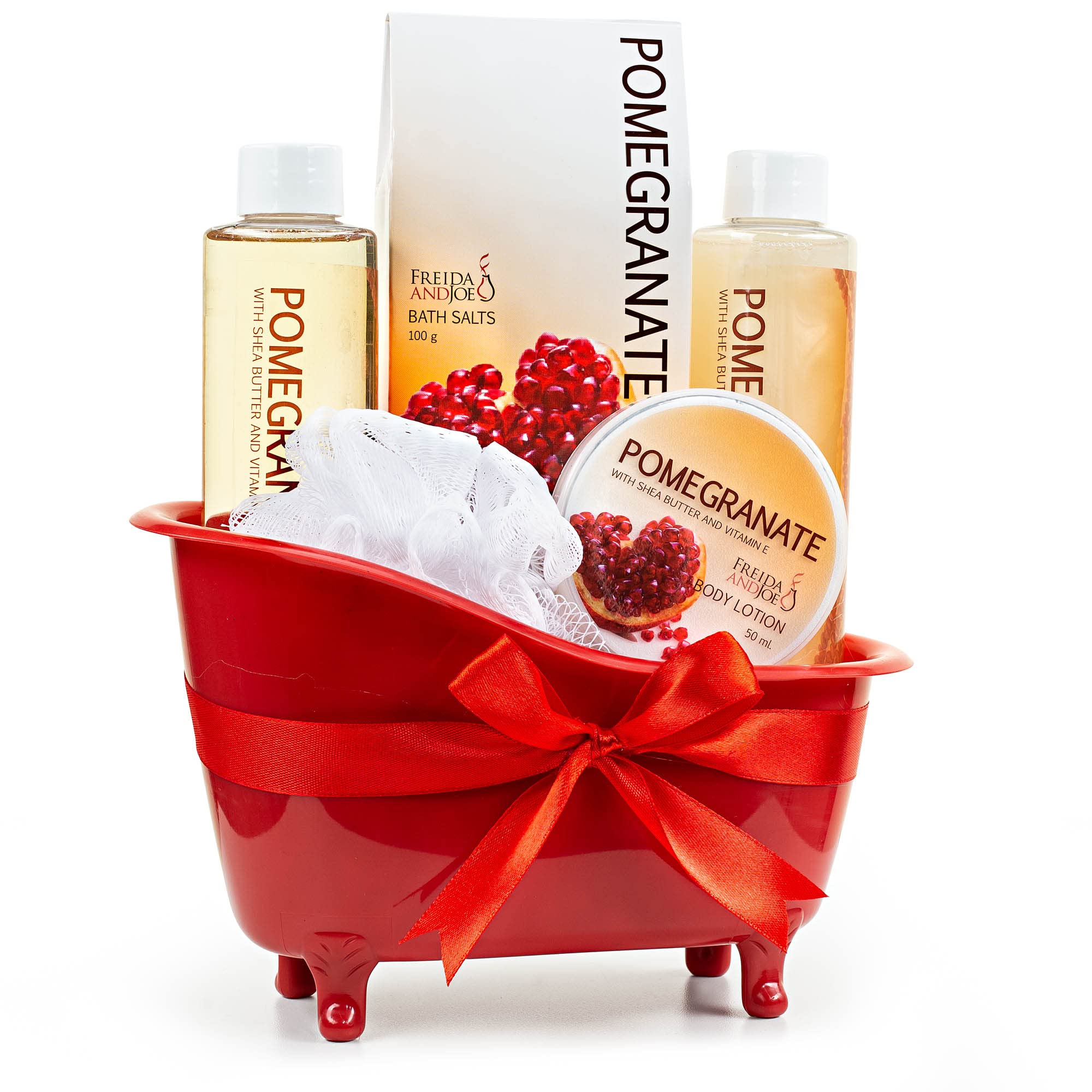 Red Pomegranate Home Spa Bath Basket - Bath & Body Set For Women - Contains Shower Gel, Bubble Bath, Body Lotion, Pomegranate Ba