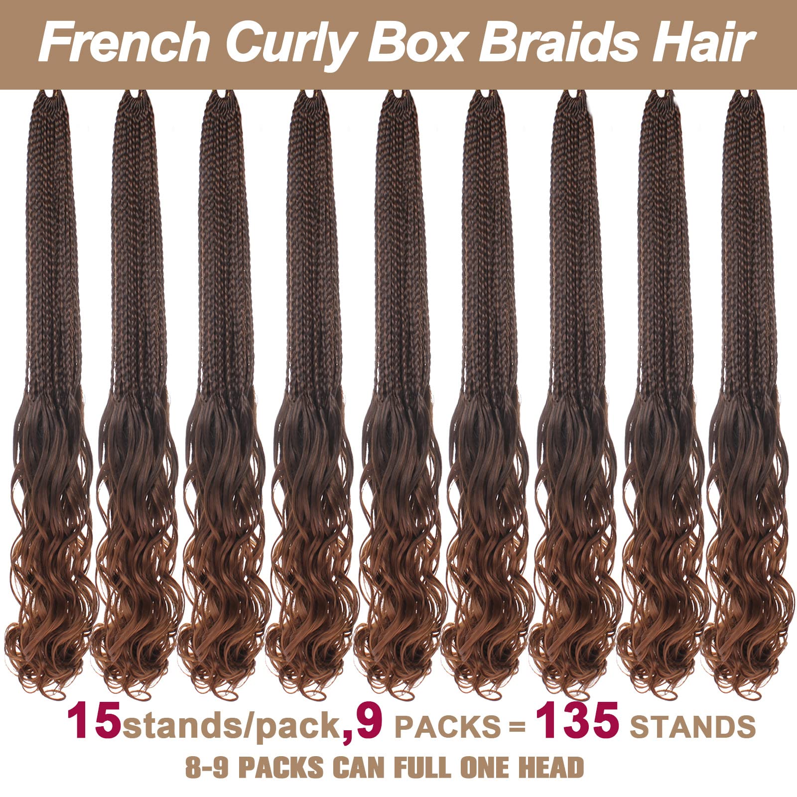 COOKOO 18 Inch Pre Looped French Curl Crochet Braids 9 Pack Ombre Brown French Curly Bouncy Braiding Hair With Curly Ends Pre-st