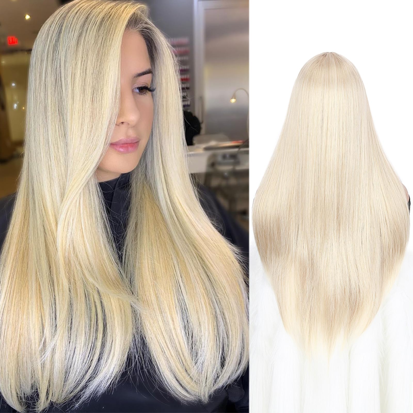 WIGER Long Platinum Blonde Straight Wig for Women 26 Inches Mixed Blonde Wig Middle Part Highlighted Blonde Straight Hair Wig Na